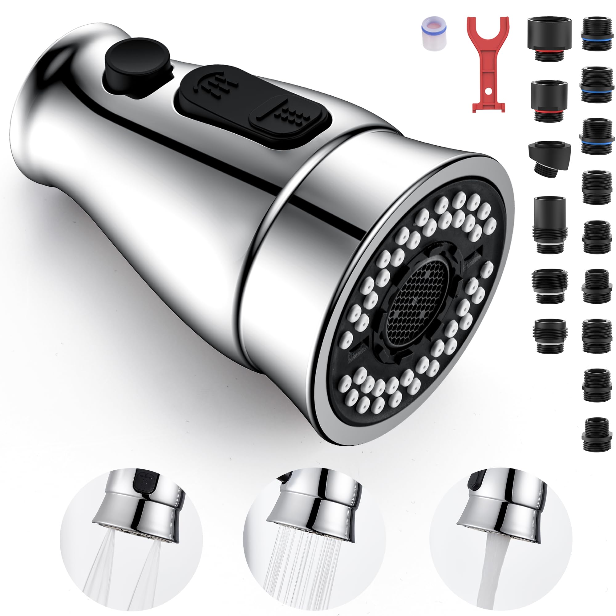 Tioriy Kitchen Sink Faucet Head Replacement With 15 Adapters, Chrome Kitchen Faucet Sprayer Head 3 Modes, Pull Down Kitchen Sink Tap Sprayer Nozzle Replacement