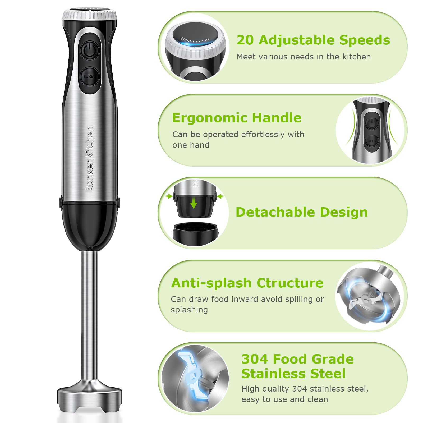 Bonsenkitchen 20-Speed Immersion Hand Blender With Whisk For Smoothies Puree Baby Food, And Milk Frother Handheld For Coffee-Bundle
