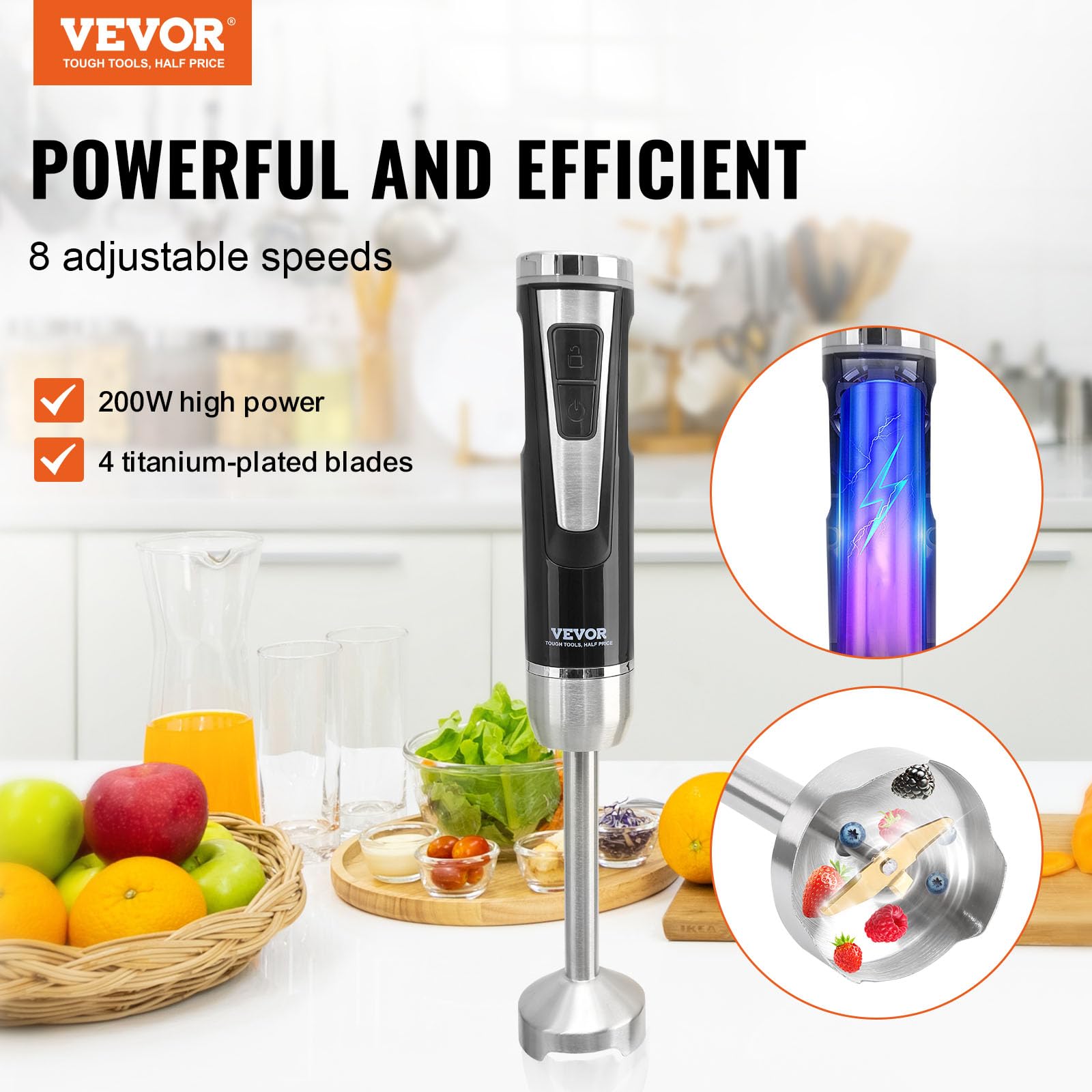Vevor Hand Blender, 8 Variable Speeds Immersion Blender, Stainless Steel Blade Copper Motor Hand Mixer, Usb Charging Cable Multi-Purpose Easy Control Grip Stick Mixer
