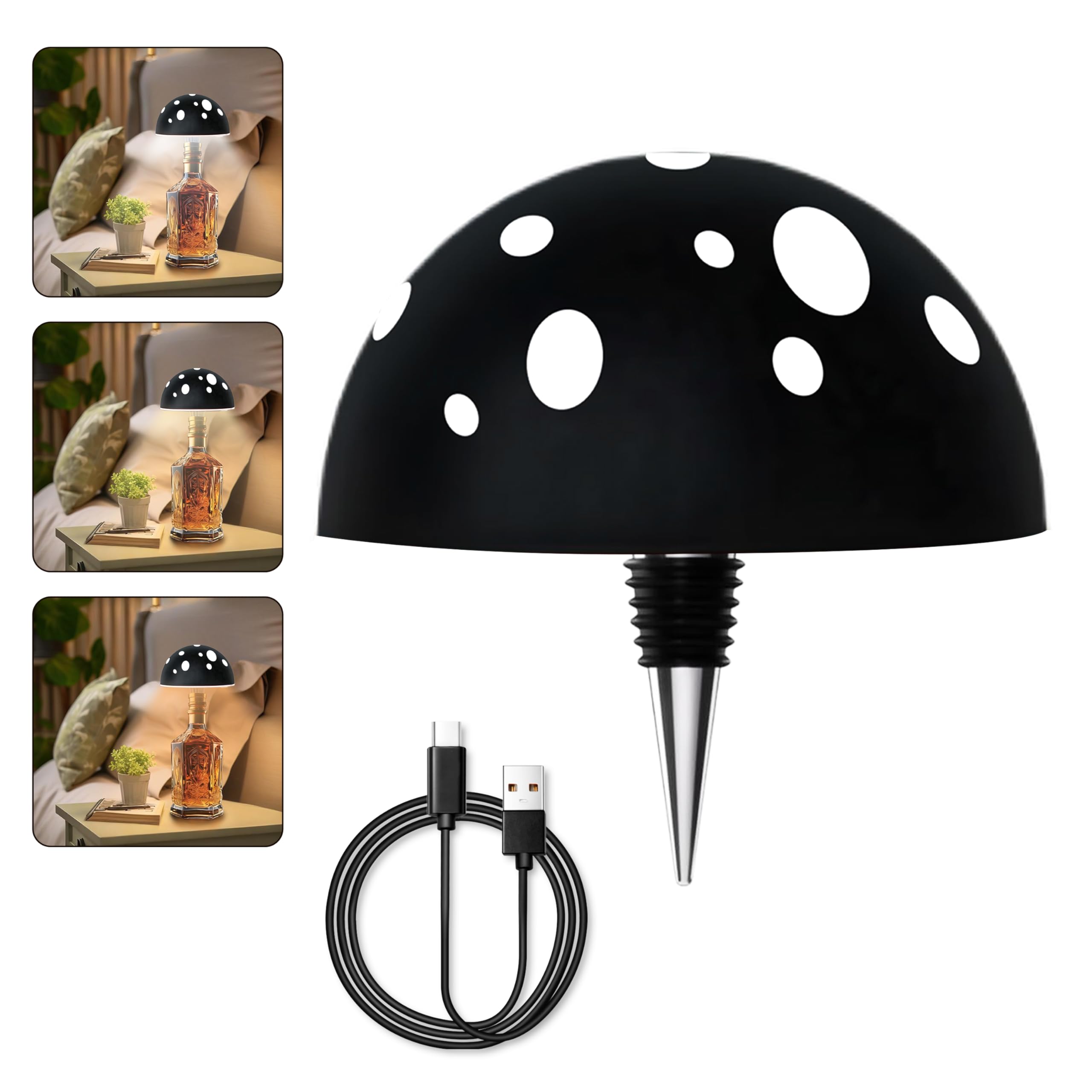 Fozxsvg Mushroom Bottle Lamp, Alloy Wine Bottle Lights, Led Table Lamps With 2000Mah 3 Color Adjustable For Bedroom, Bar, Restaurant (Black)