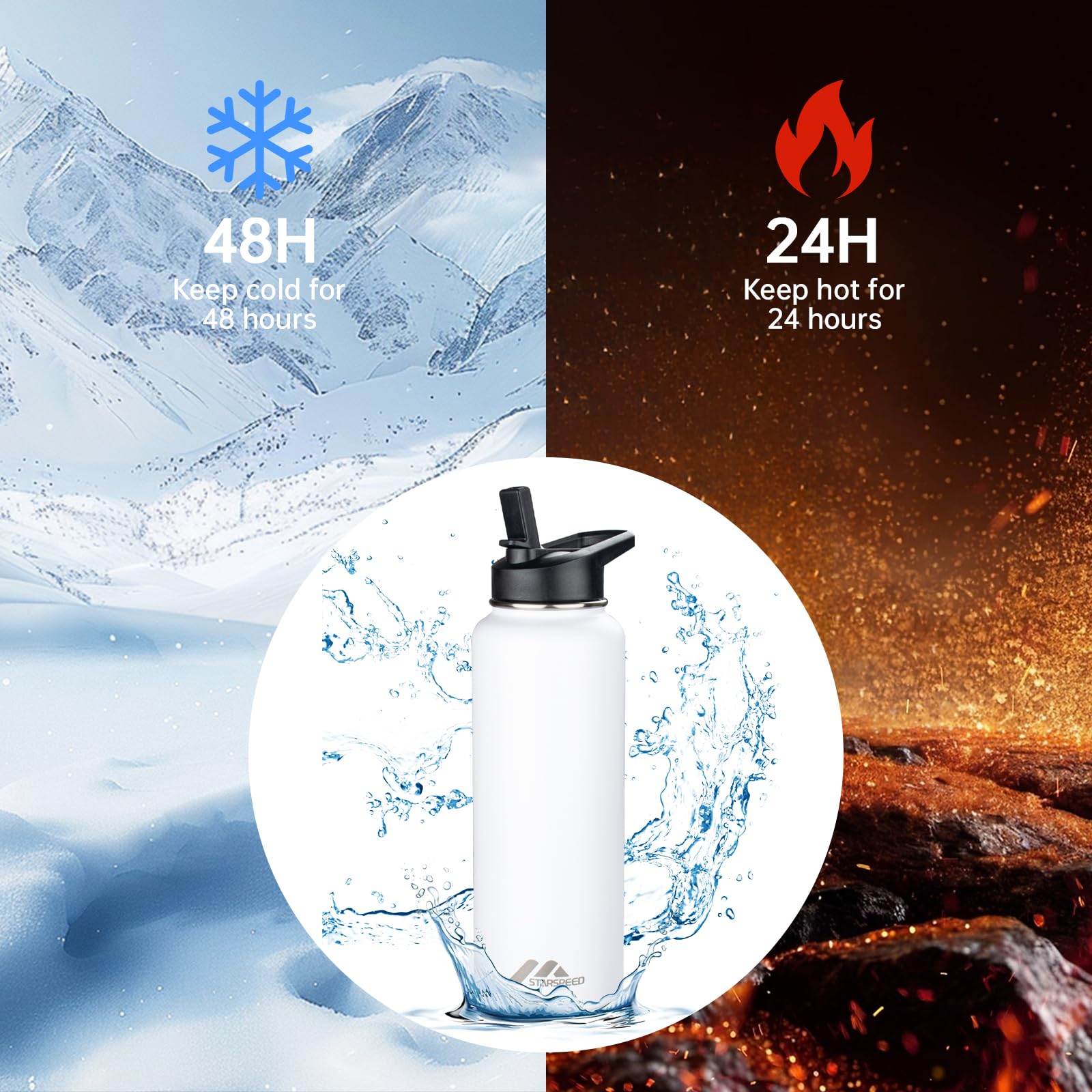 Starspeed 40Oz Insulated Water Bottle With Straws & 2 Lids, Stainless Steel Double Walled Vacuum