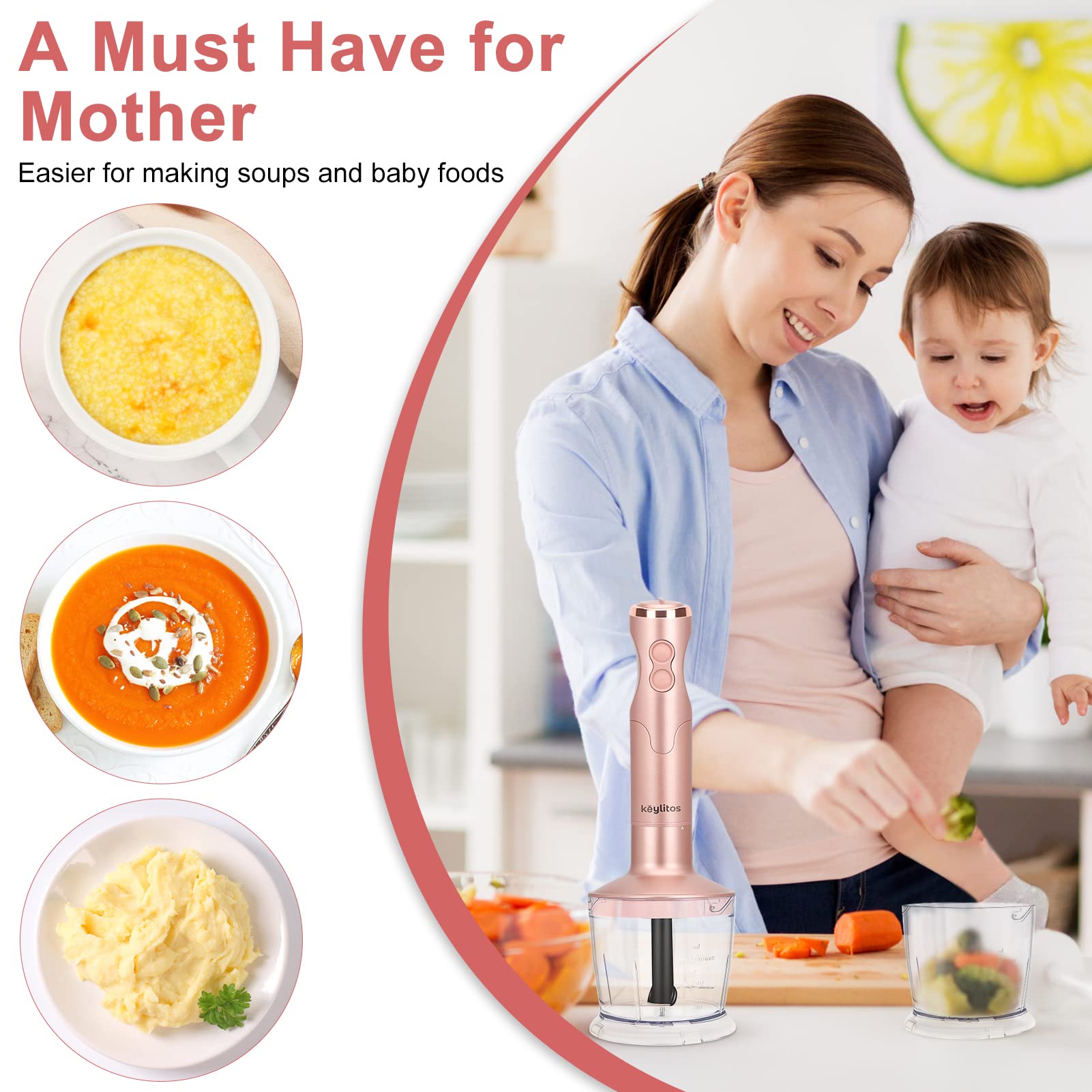 Keylitos 5-In-1 Immersion Hand Blender, Powerful 12-Speed Stick Blender With 304 Stainless Steel Blades, Chopper, Beaker, Milk Frothing Attachment And Egg Whisk, Golden Pink