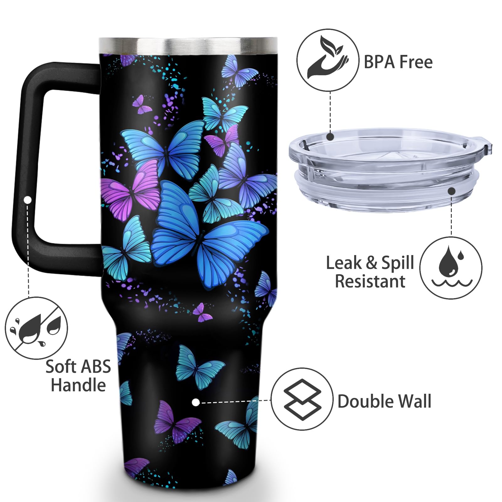 Butterfly Tumbler With Lid, Straw And Handle - 40Oz Stainless Steel Travel Coffee Mug Water Bottle