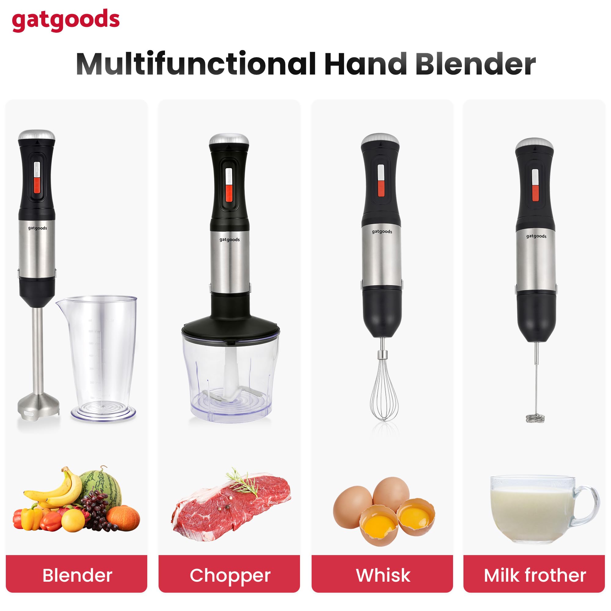 Gatgoods Immersion Blender Corded Hand Blender With Variable Speed, Turbo Mode & Attachments For Whisking, Chopping, Frothering, Pureeing & Emulsions