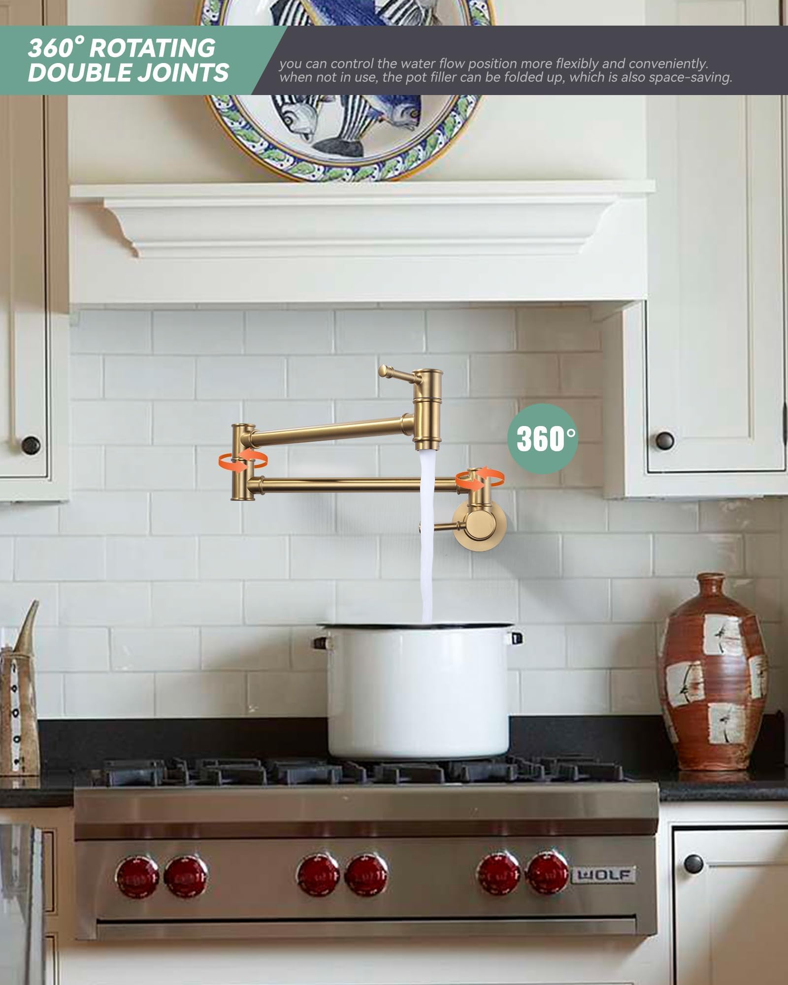 Aleasha Brushed Gold Pot Filler Faucet, Folding Kitchen Faucet Single Hole 2 Handle Wall Mount Over Stove