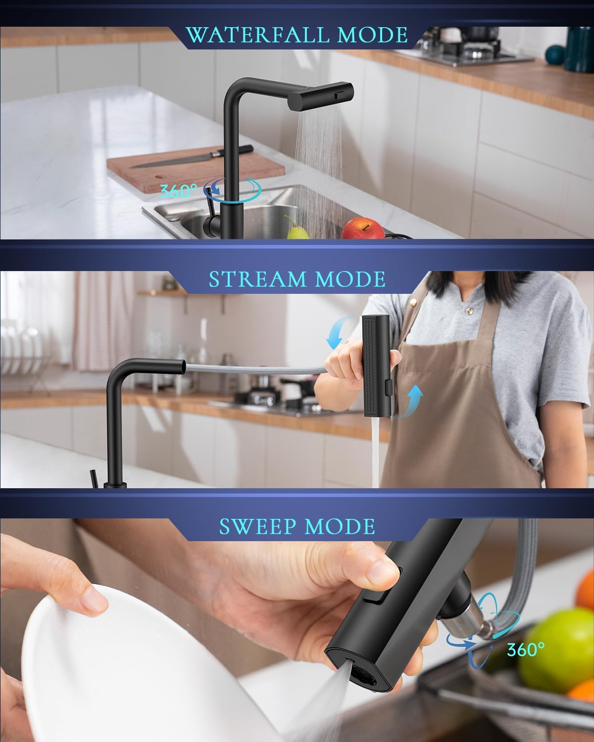 Appaso Touchless Kitchen Faucet With Pull Down Sprayer Matte Black, Waterfall Touchless Motion Sensor Hands-, Single Handle For 1 Or 3 Holes Sink, Stainless Faucet Black With Easy Installation