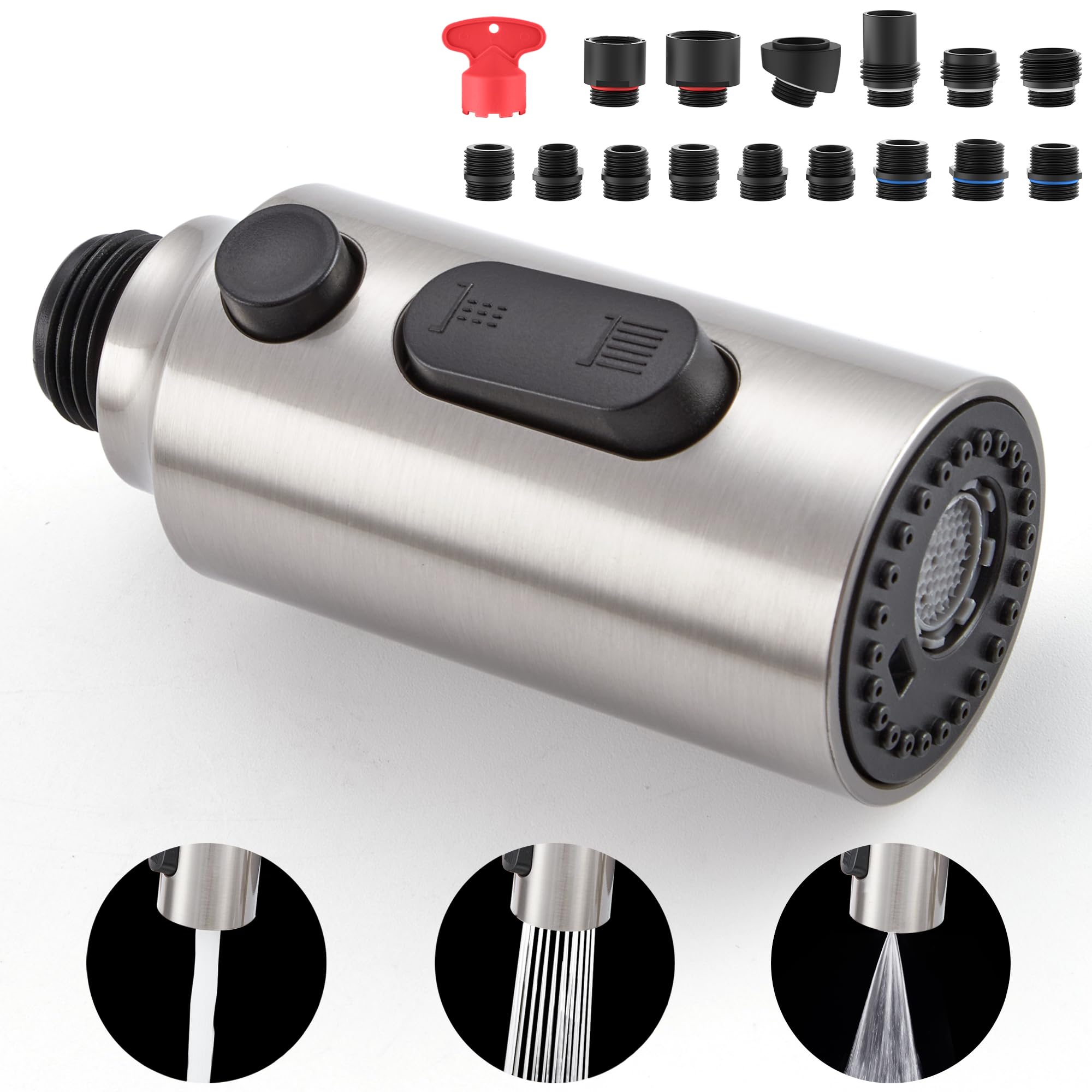 Heisok Kitchen Faucet Spray Head Replacement, Pull Down Faucet Head Replacement With 15 Adapters, 3 Function Spray Nozzle For Kitchen Faucet, Replacement Pull Out Faucet Head, Brushed Nickel