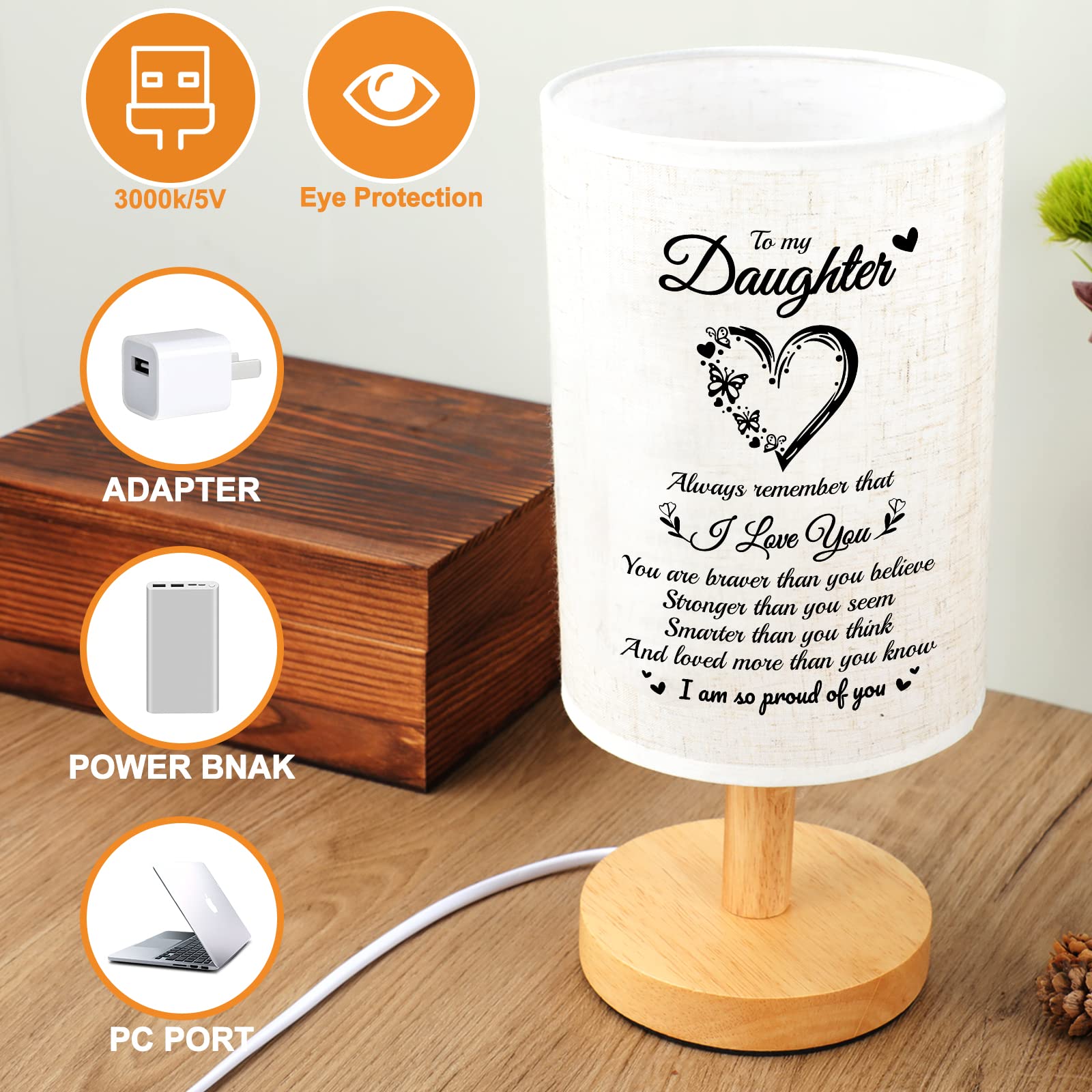 Souhoney Daughter From Mom Dad Table Lamp - Best Birthday For Daughter Fabric Wooden Desk Lamp - Christmas For Bedroom Living Room Graduation For Daughter (Daughter01)