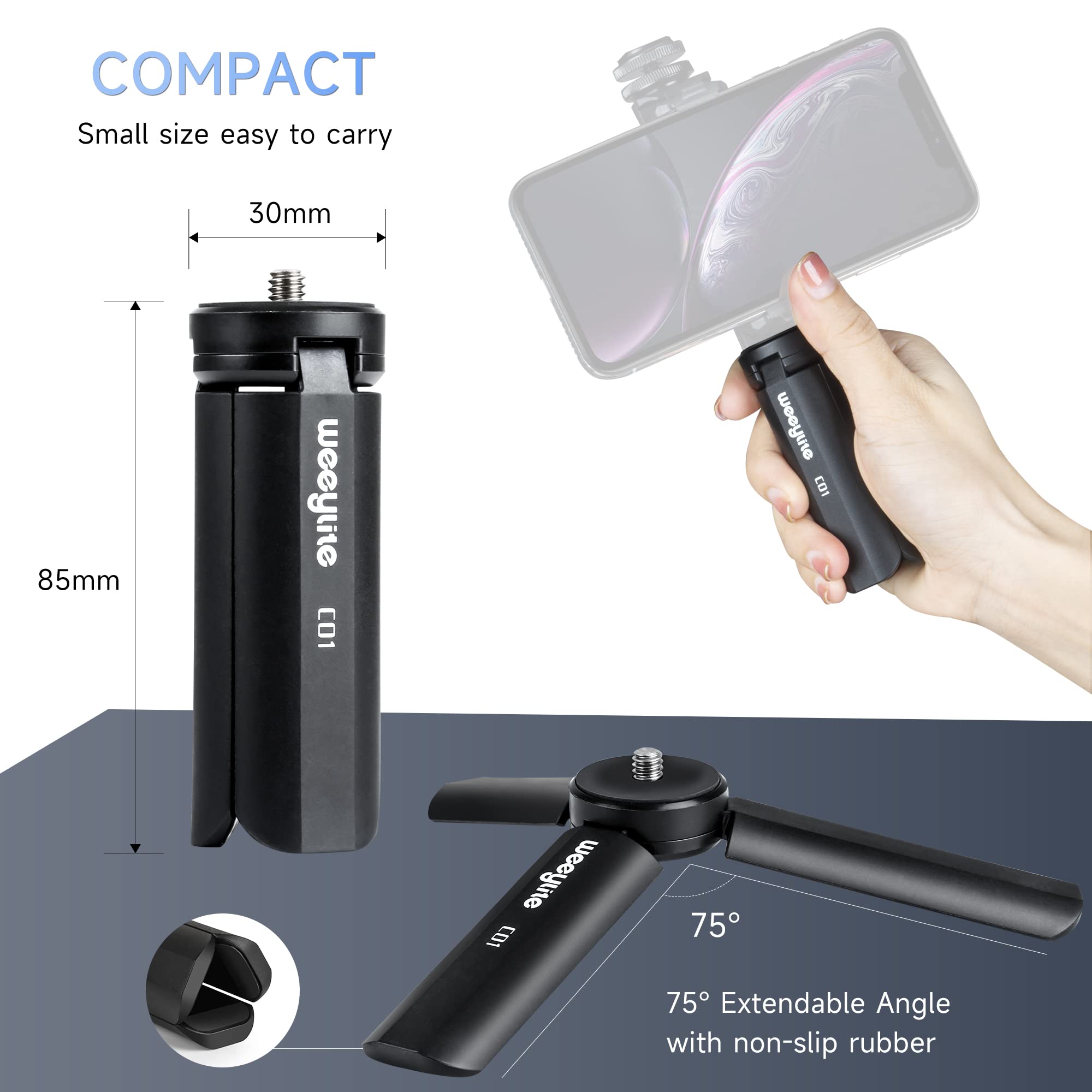 Weeylite 1/4 Mini Tripod, Tabletop Desktop Stand Compact Tripod With 1/4" Screw For K21 Stick Light, S03/S05 Pocket Photo Light, Camera, Smooth 4, Osmo Mobile, Vimble 2, Gimbal Handle Grip Stabilizer