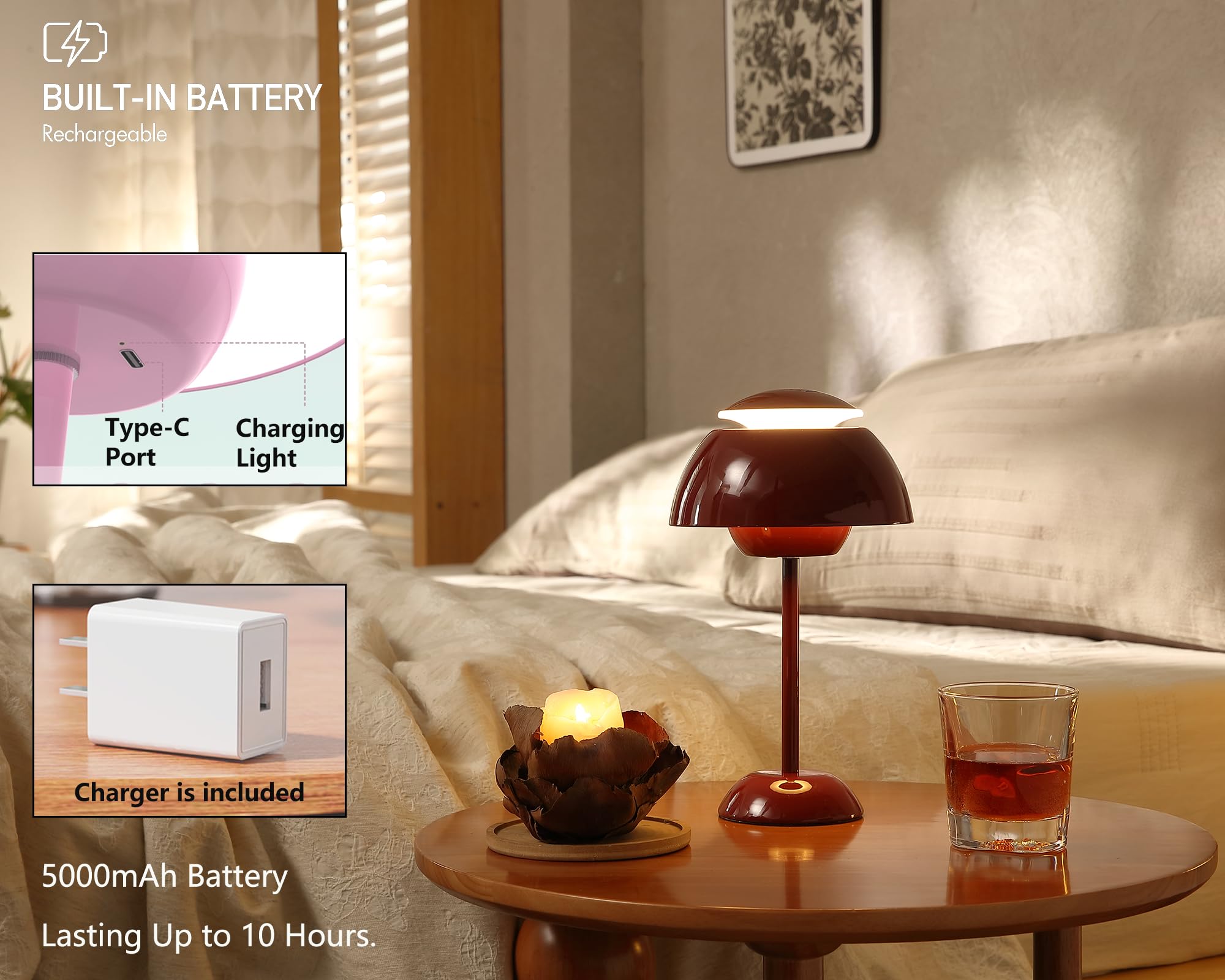 Glivpny Flowerpot Cordless Table Lamp, 5000Mah Battery Mushroom Lamps,Portable Patio Table Lamp,Small Rechargeable Lamp For Nightstand,Dimmable Touch Bedroom Lamp For Indoor Outdoor (Wine Red)