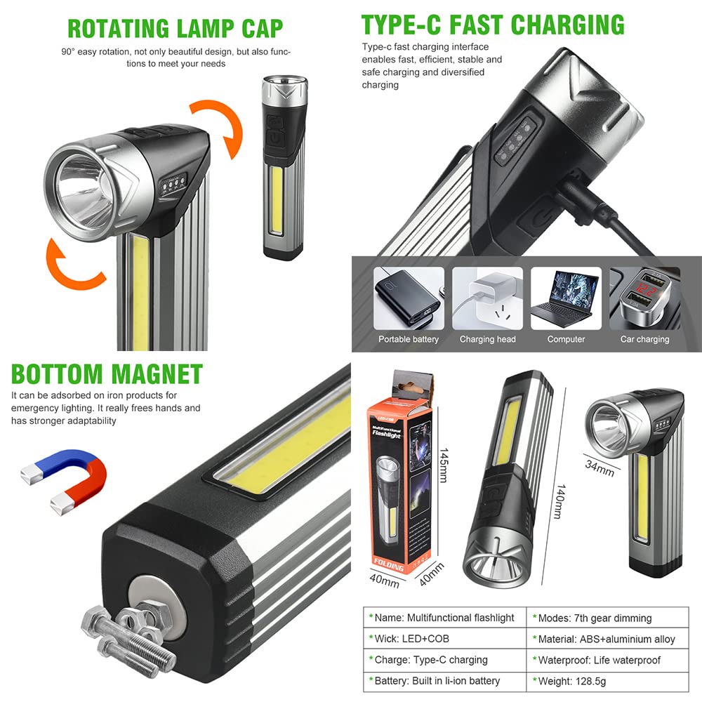 Yzyoe Rechargeable Mag Lights Flashlight - 90 Degree, Ip65 Waterproof, Clip On Work Light For Outdoor, Hiking