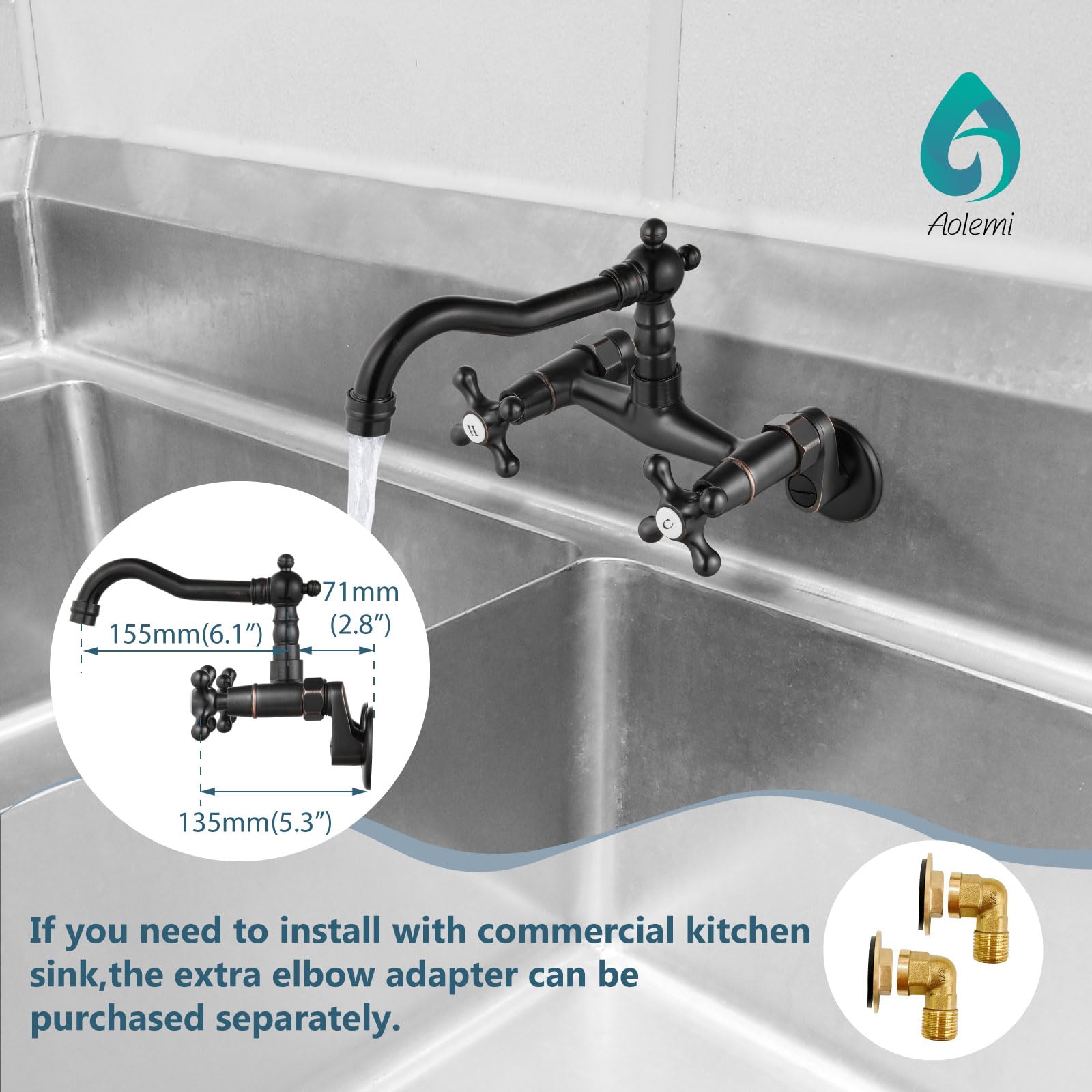 Aolemi Oil Rubbed Bronze Wall Mount Kitchen Faucet, 6 Inch Spout, Adjustable Center 3 To 9 Inch, 2 Hole Two Cross Handle Mixer Tap