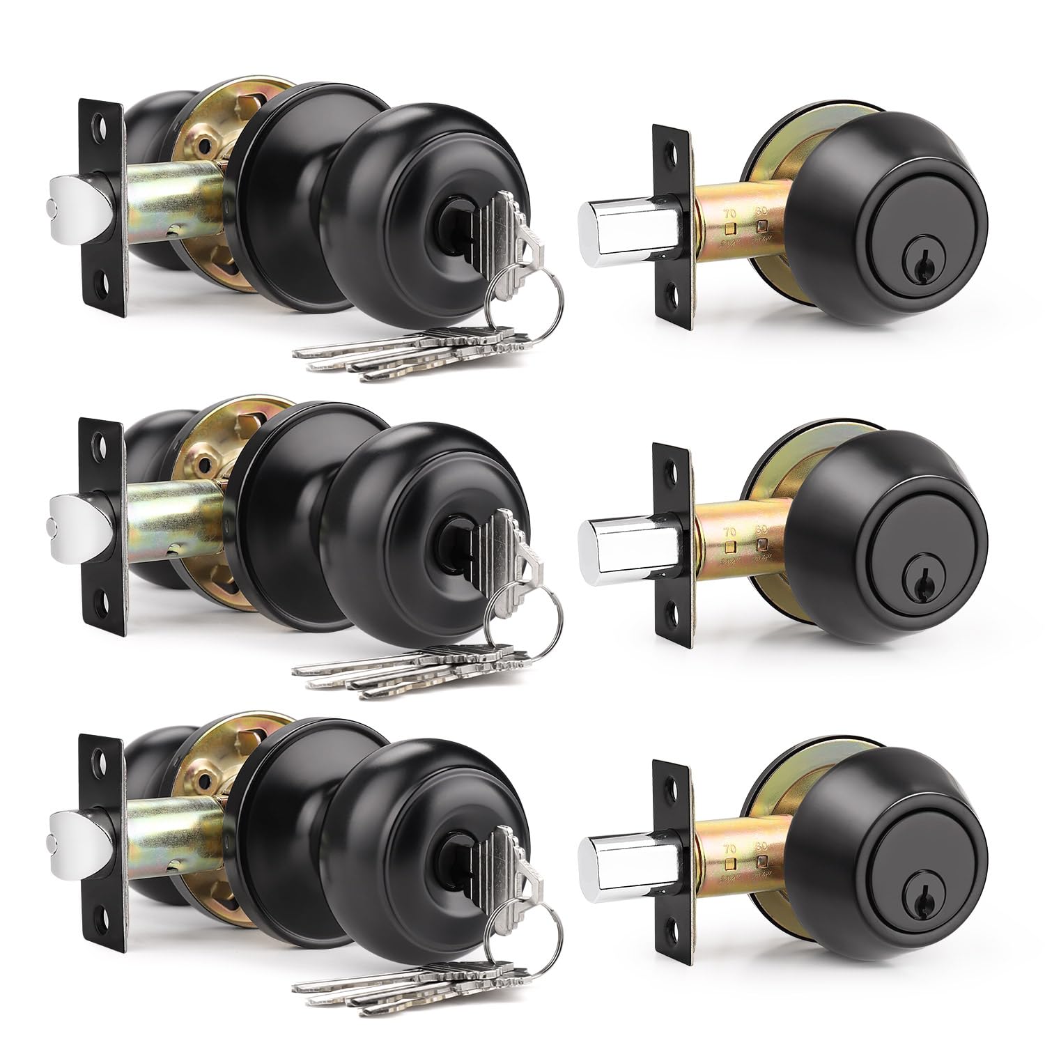 Brotima 3 Pack Keyed Alike Front Door Knob And Deadbolt Set, Entry Door Locksets With Single Cylinder Deadbolt, Matte Black Flat Round Door Lock Set For Bedroom/Office/Exterior Doors