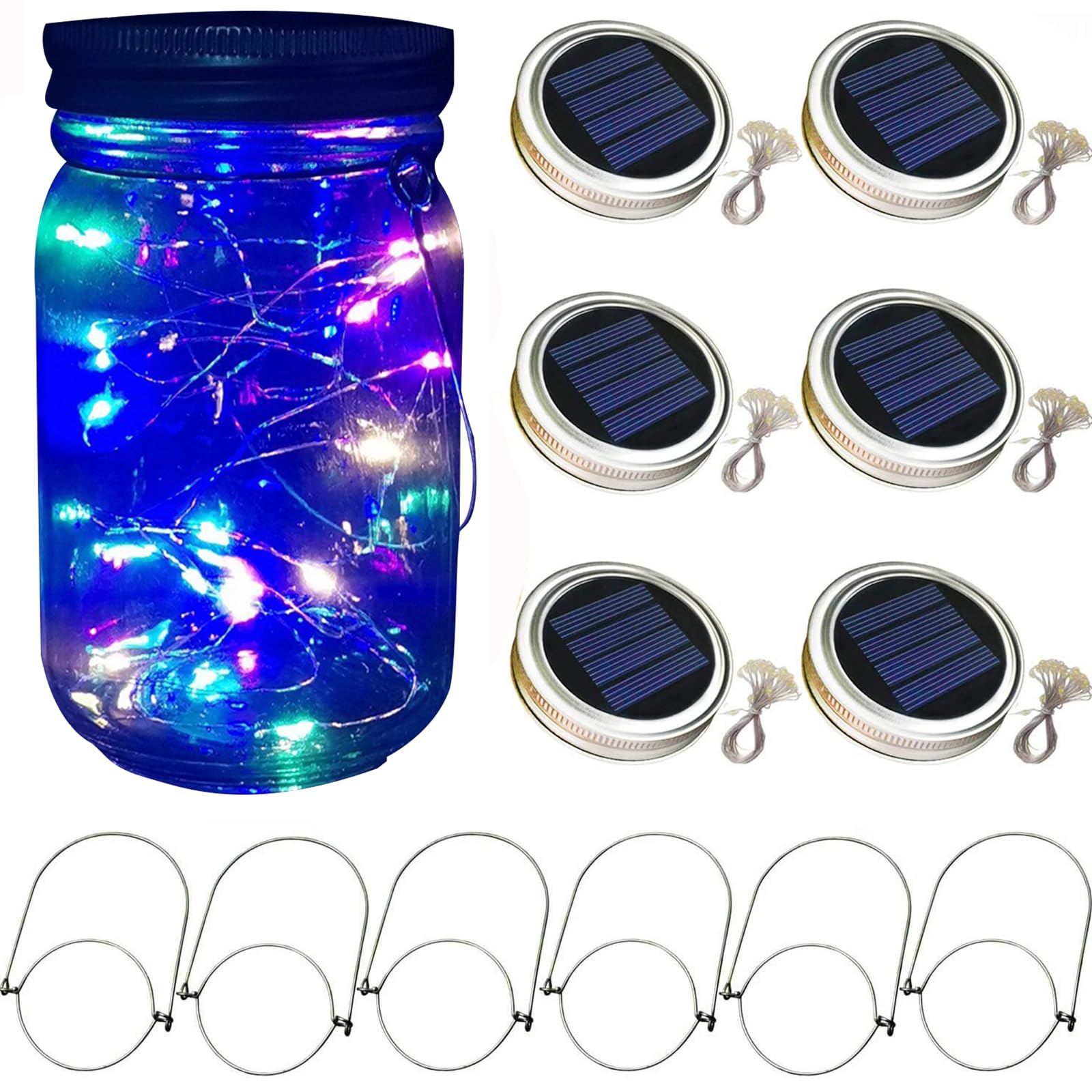 Soonhua Mason Jar Solar Lights, 6 Pack Waterproof Solar Mason Jar Lid String Lights With 6 Hangers 30 Led Jar Lids Fairy Lights For Patio Garden Yard Lawn (Jars Not Included)