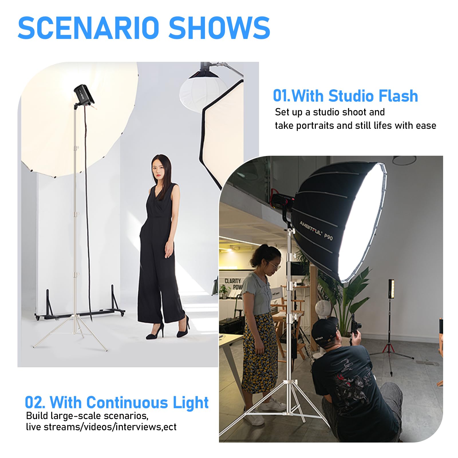 Ambitful Stainless Steel Photography Light Stand,13.1Ft/4M Spring Cushioned Heavy Duty Tripod Stand With 1/4” To 3/8” Screw Adapter For Strobe,Led Video Light,Ring Light, Monolight, Softbox