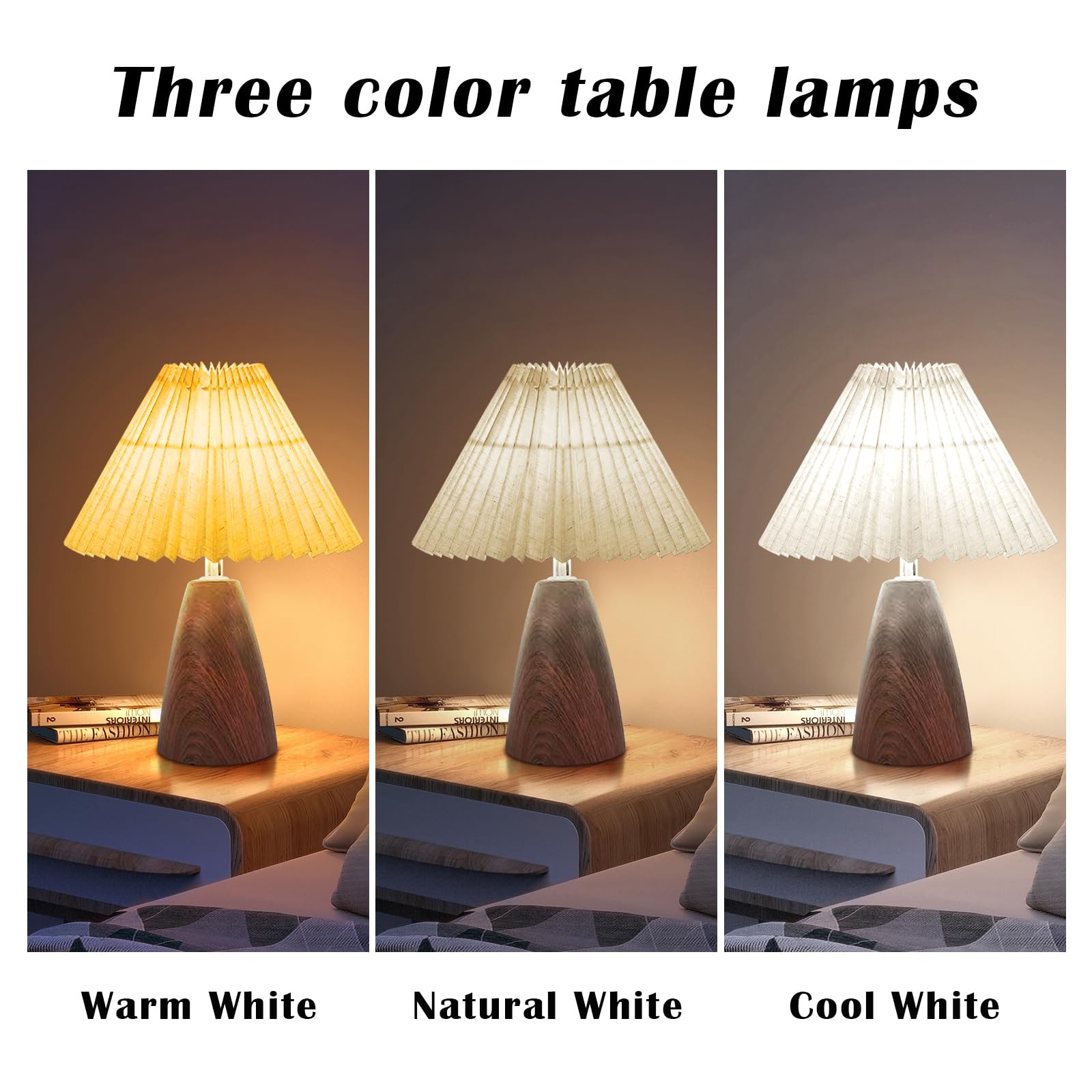 Aoteam Small Pleated Table Lamp, Modern Metal Base Nightstand Lamp With Beige Fabric Shade, Ideal For Bedroom, Living Room, Kids Room, And Study, A Cute Accent Lamp For Cozy Lighting (Wood Grain Lamp-6)