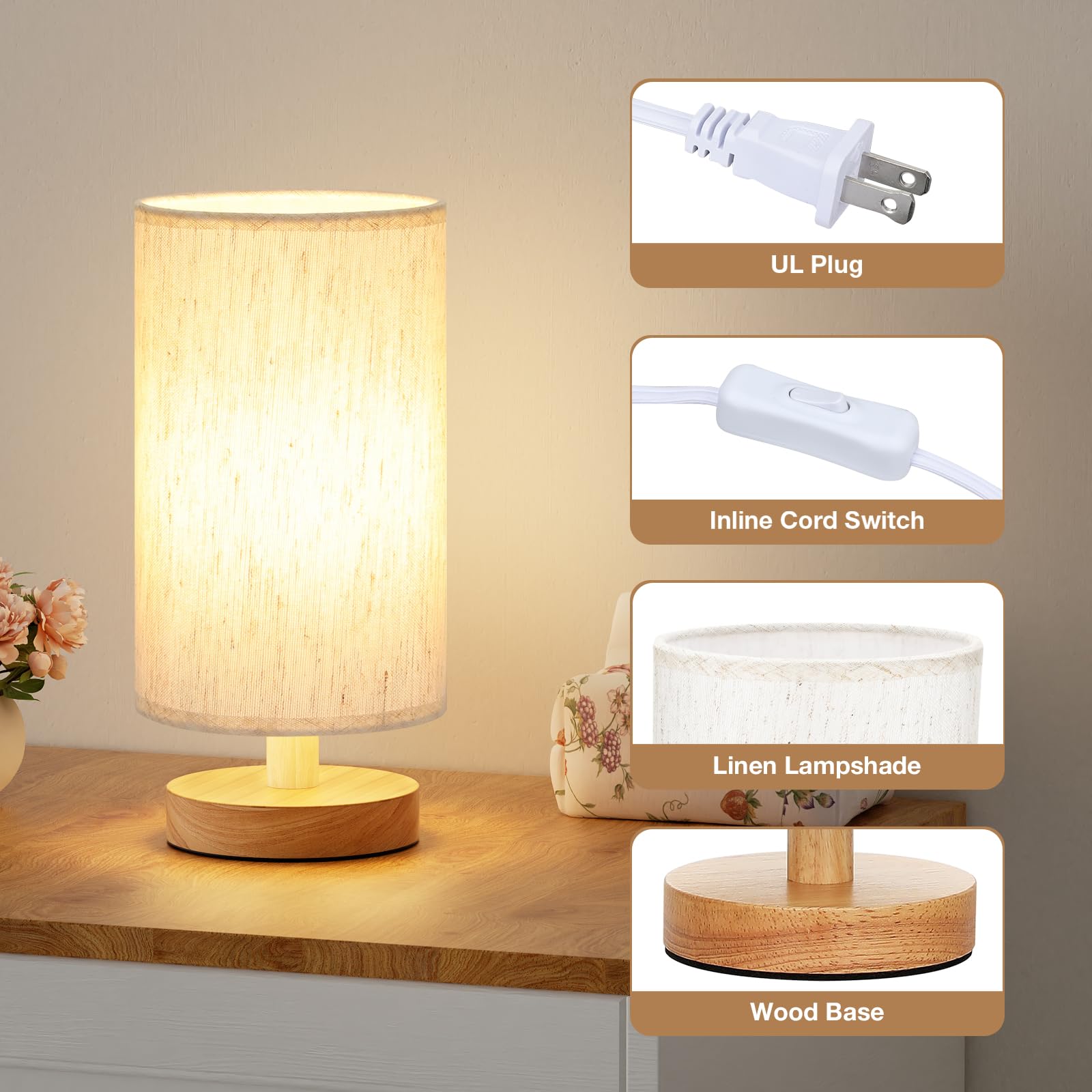 Fenmzee Small Table Lamp For Bedroom - Inline Control, Bedside Lamp With 3000K A15 Led Blub, Easy Assembly (Cream Shade - Wood Base, 9" Inline Control)