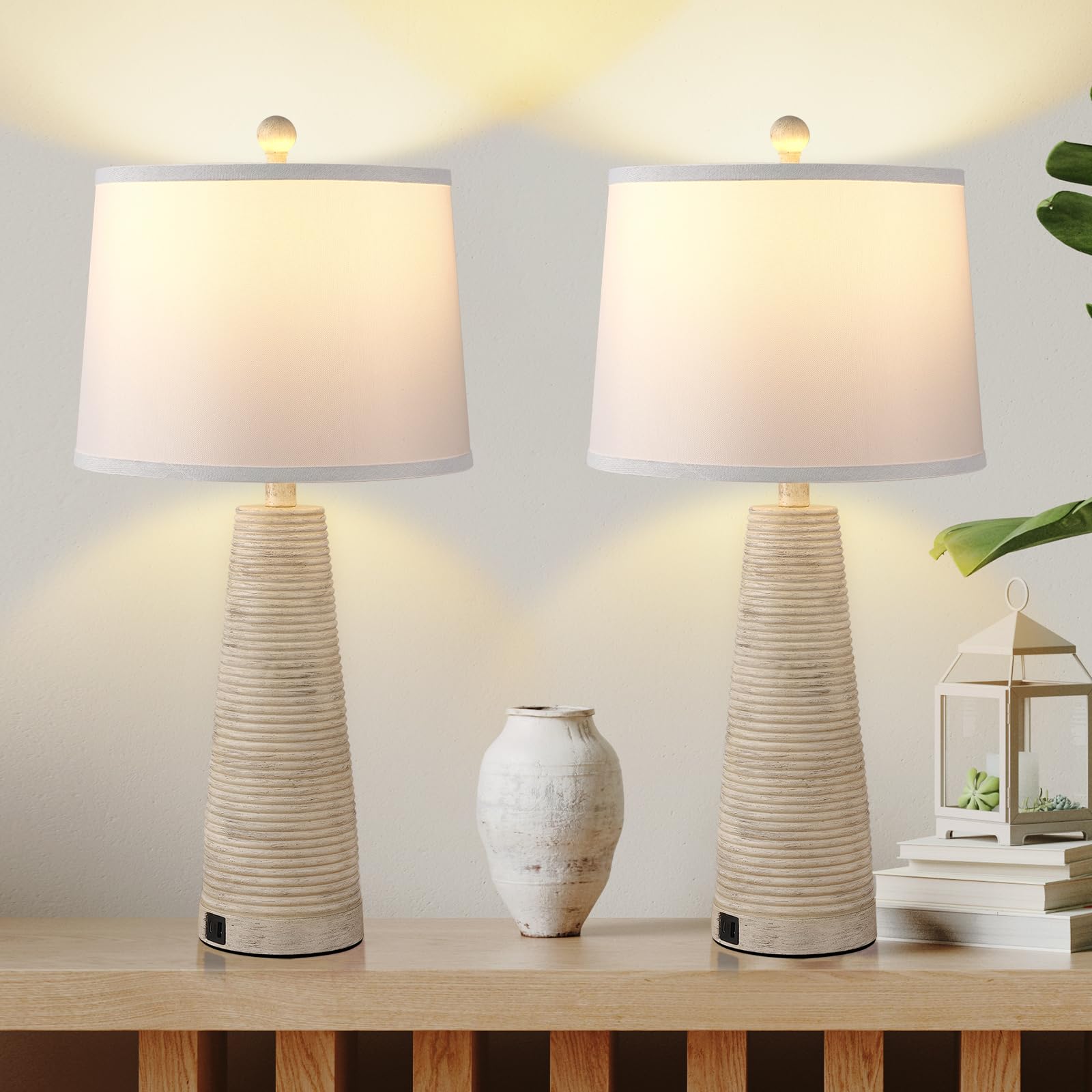 Terpsichore Bedside Lamps Set Of 2 Nightstand Lamp Desk Lamps Vintage Rustic Farmhouse Table Lamp 3 Way Dimmable Light,Suitable For Living Room Bedroom,With Linen Shade Led Bulb,Usb A+C Port