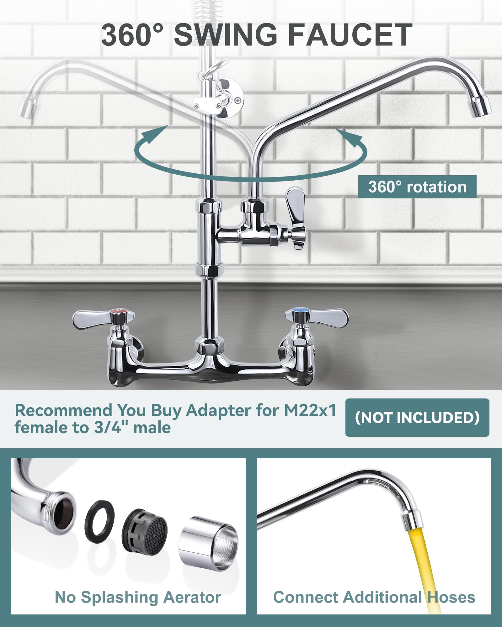 Aleasha 25" Height Commercial Faucet Wall Mount With Sprayer 8" Adjustable Center 9.6" Swing Spout, Kitchen Sink Faucet With Pull Down Pre-Rinse Sprayer For Restaurant Industrial Kitchen, Chrome