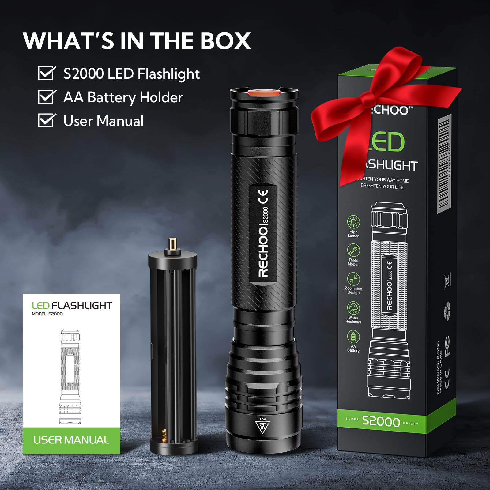 Rechoo S2000 Led Flashlight High Lumens, Super Bright, Powerful, Mid-Size Utility Flashlight With 3 Modes, Zoomable, Water Resistant Flashlights For Home, Emergencies, Camping, Outdoor Use