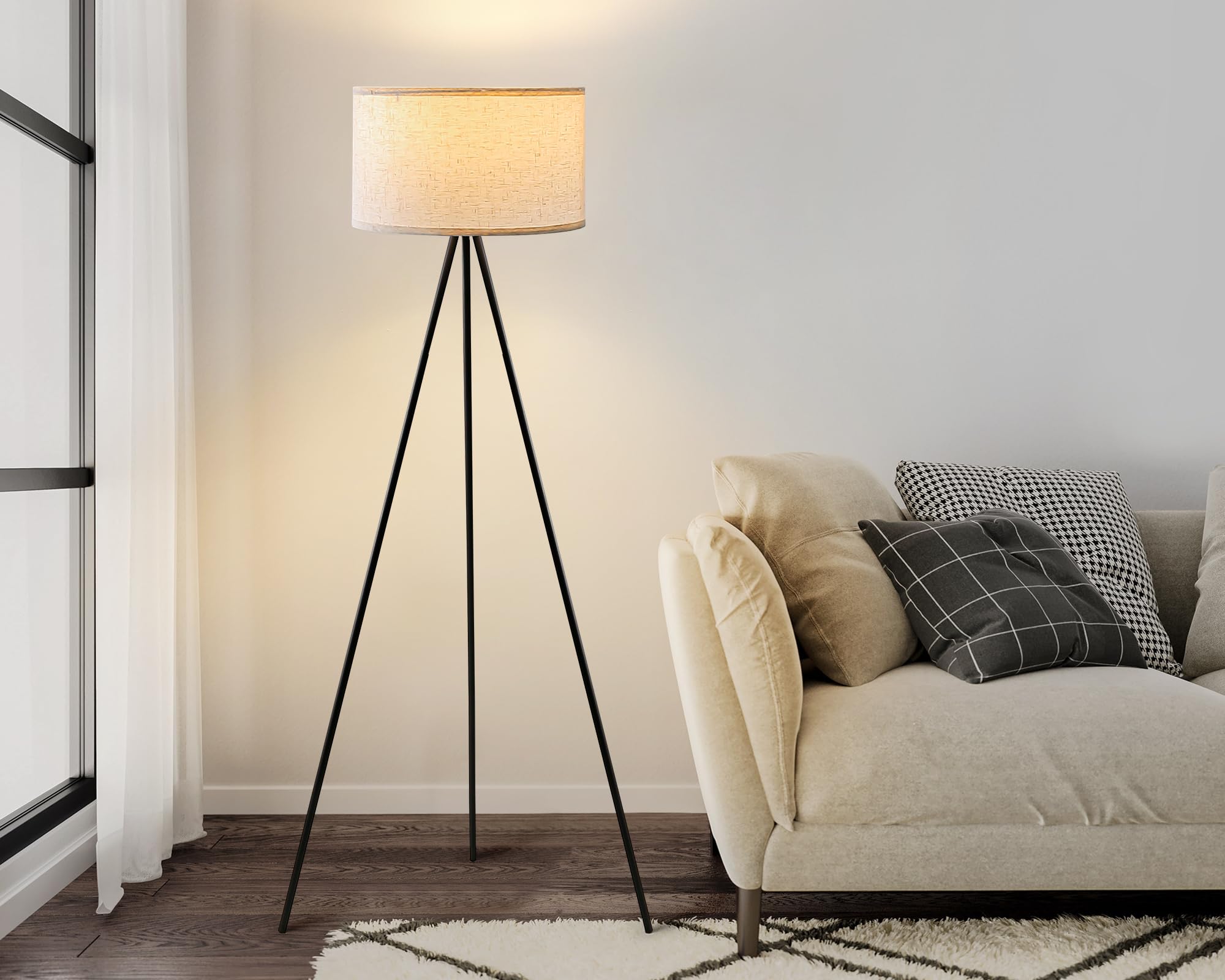 Yorkcare Tripod Floor Lamp, Black Modern Mid Century Standing Lamp Tripod Floor Lamps With Flaxen Drum Shade, Foot Switch For Living Room, Bedroom, Office, Includes E26 Led Bulb