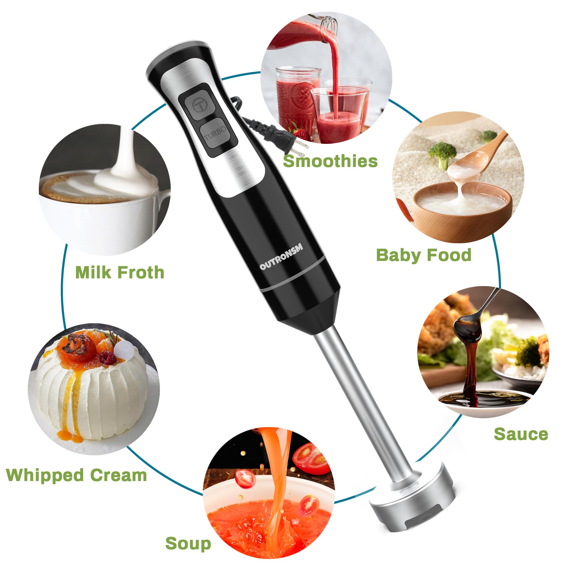 Outronsm Immersion Blender Handheld, Hand Blender With 500Ml Food Chopper, 600Ml Container, Milk Frother, Egg Whisk, Puree Infant Food, Smoothies, Sauces And Soups – Black