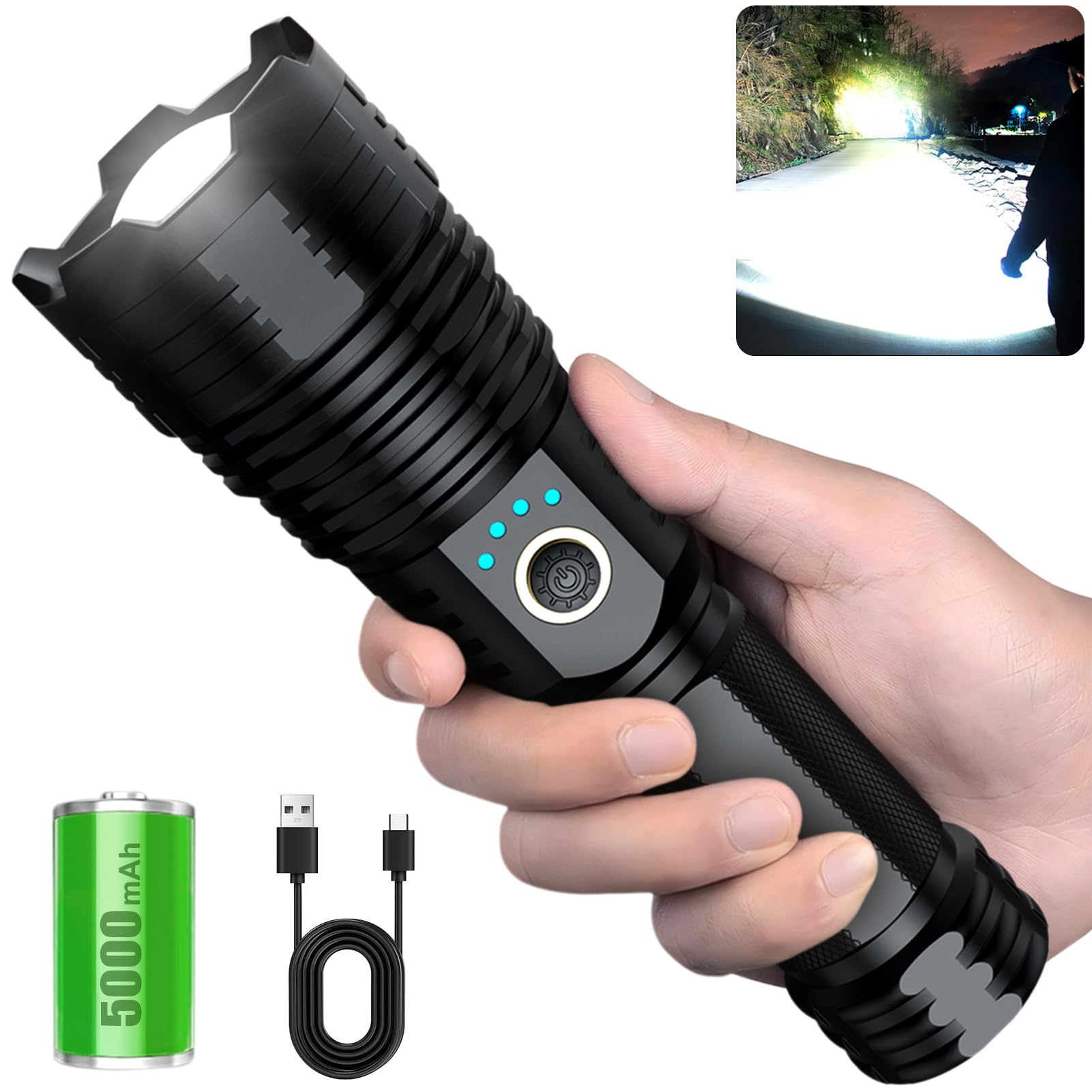 Alifa Rechargeable Flashlights High Lumens, 1000000Lm Powerful Tactical Flashlights, 5 Modes Led Flashlight Adjustable, Brightest Flashlight Waterproof, Handheld Flash Light For Emergencies, Camping.