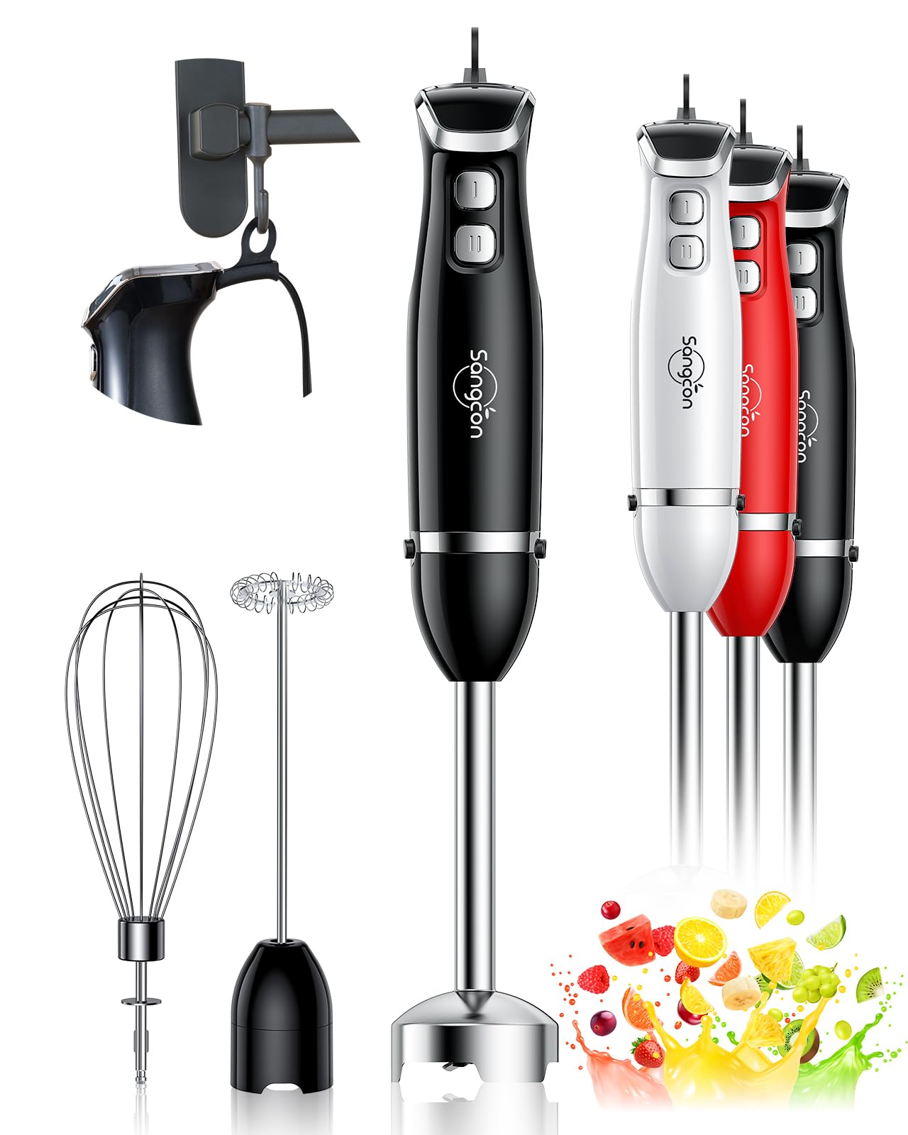 Sangcon Immersion Blender Handheld, 3-In-1 Hand Blender Electric, 400W Handheld Blender, Stainless Steel Blade Stick Blender With Whisk, Milk Frother Attachments Black