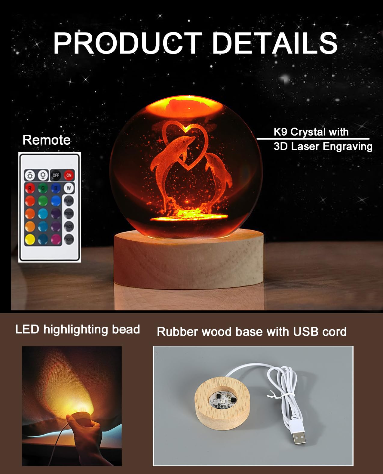 Zabalar 3D Crystal Dolphin Ball Light With Colorful Led Light Base,Heart Dolphin Lamp For Room,Color Changing Animal Table Lamp With Remote,Unique For Kids,Girlfriend,Mother And Friends