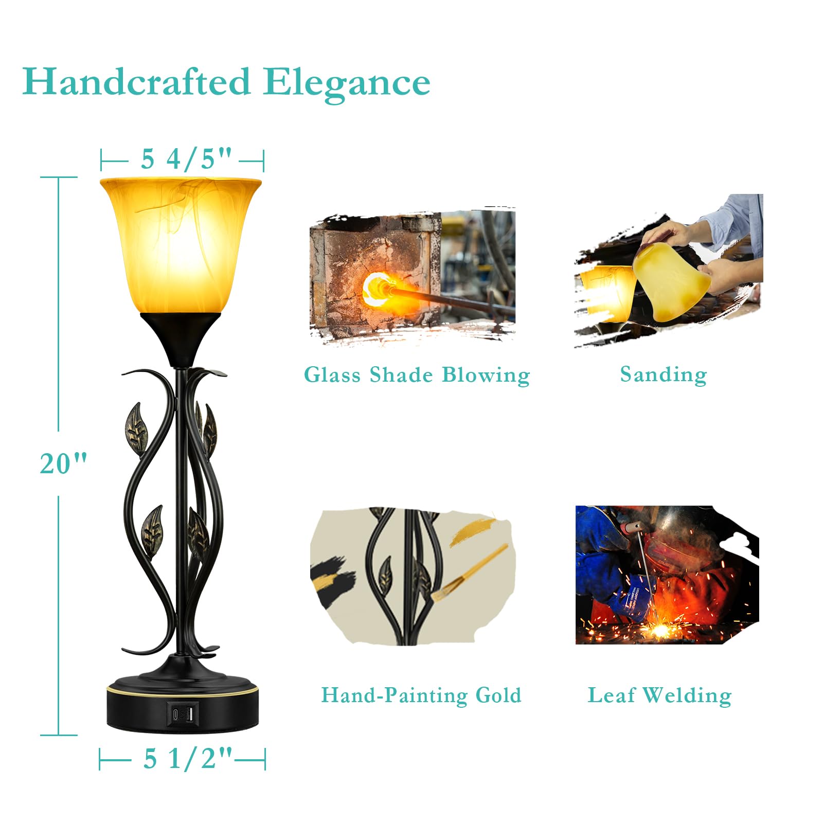 Basdien Amber Glow Touch Table Lamps Set Of 2 – 20” Dimmable Bedside Lamps With Usb A And C Ports, Elegant Vine And Leaf Design, Ideal For Bedroom, Living Room, Nightstand, And Reading