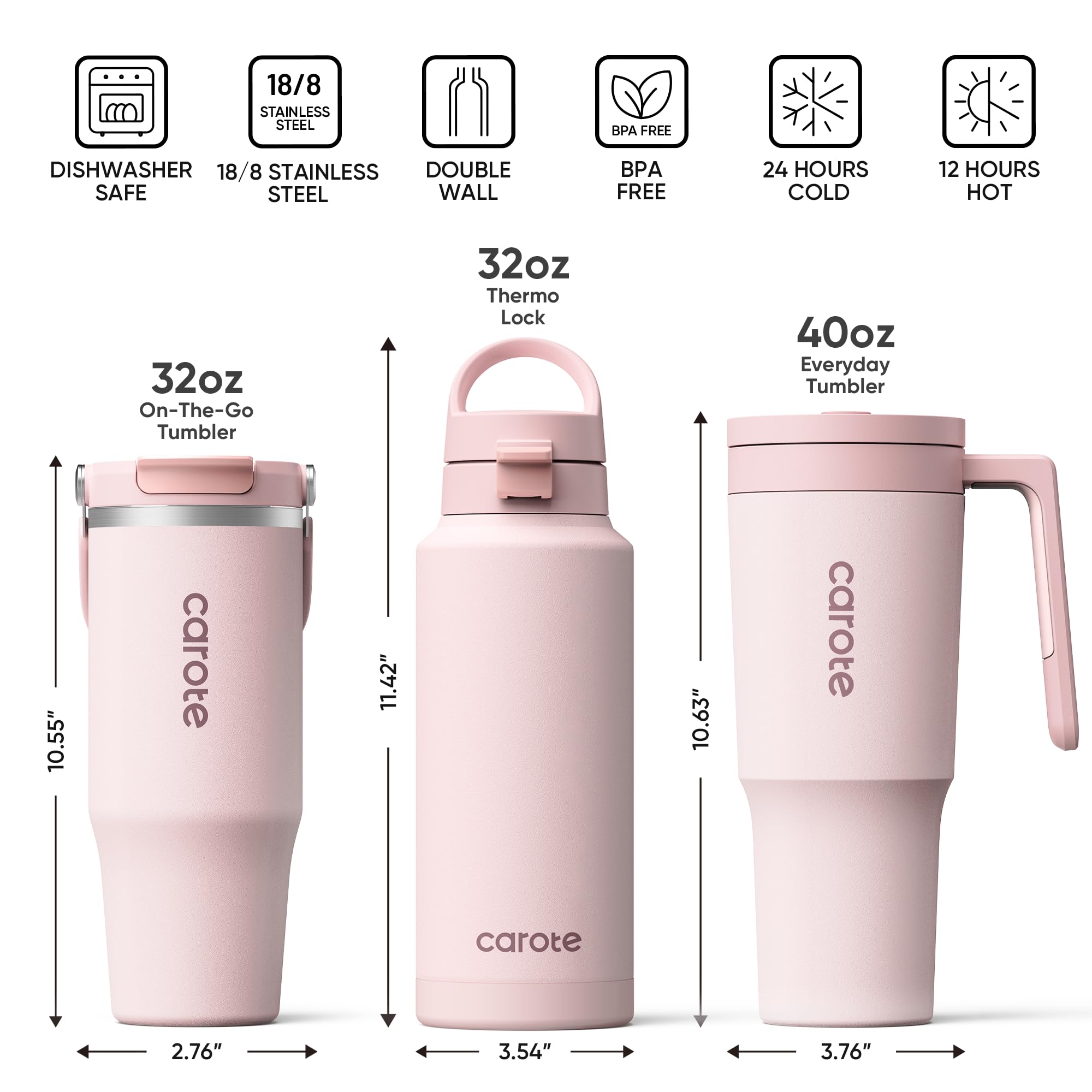 Carote Tumbler Set Of 3, 40Oz 32Oz 32Oz, Stainless Steel Tumbler With Handle, Vacuum Insulated