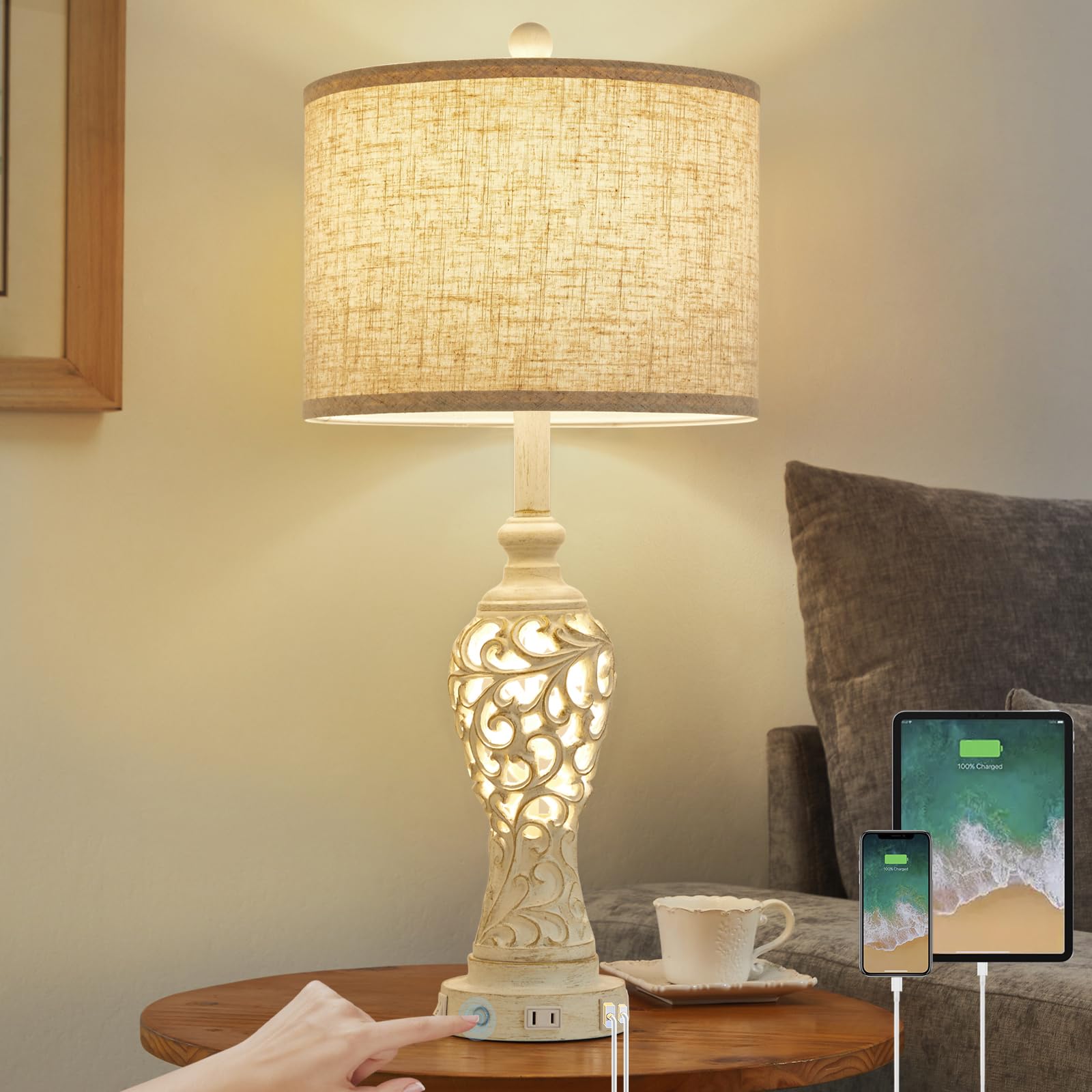 Saiweya 26" Usb A+C Touch Control Table Lamp With Nightlight, 3-Way Dimmable Farmhouse Bedside Nightstand Lamps For Living Room Bedroom (Bulb Included)