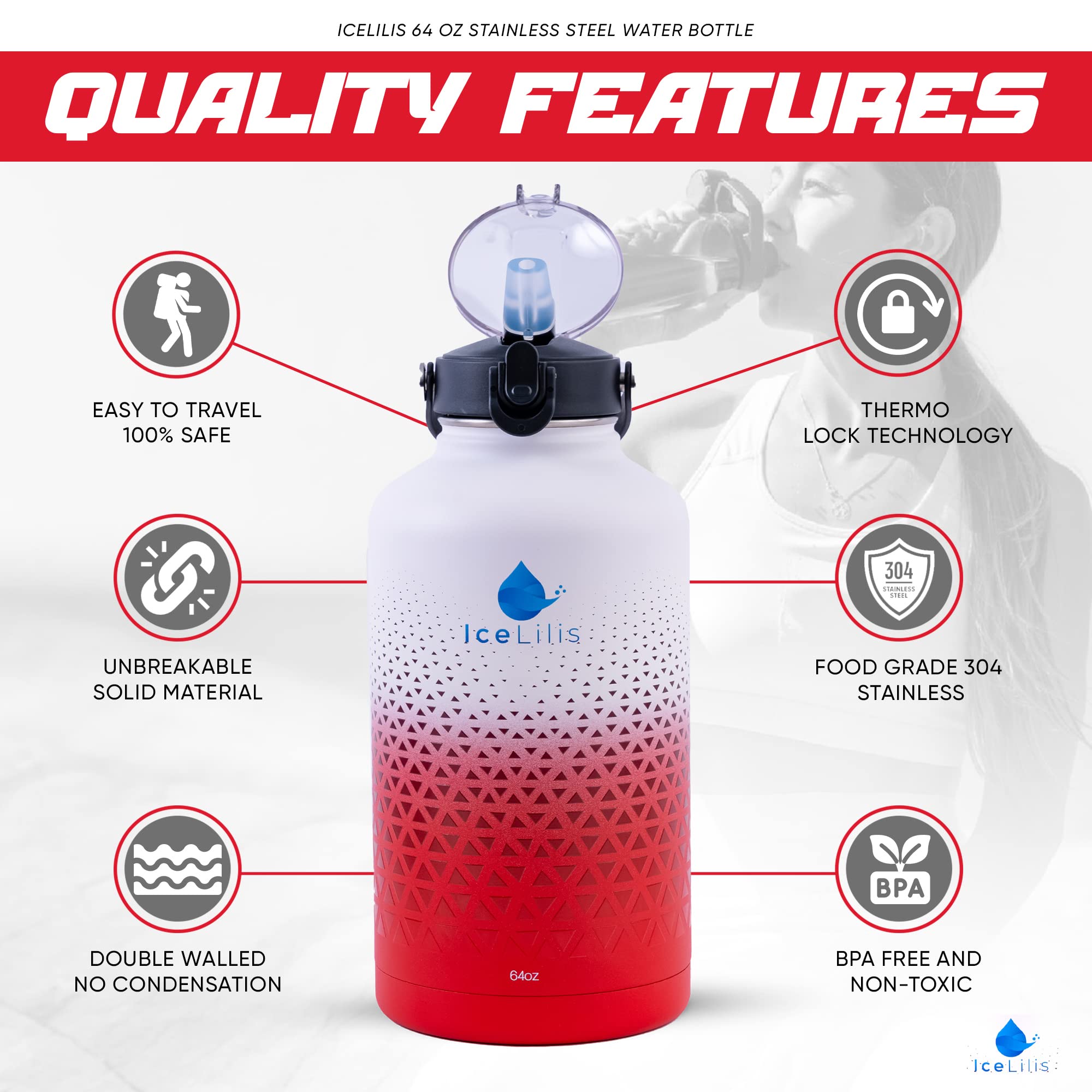 64 Oz Stainless Steel Water Bottle - Multi-Lid - Ideal For Sports, Travel, Workouts - Double