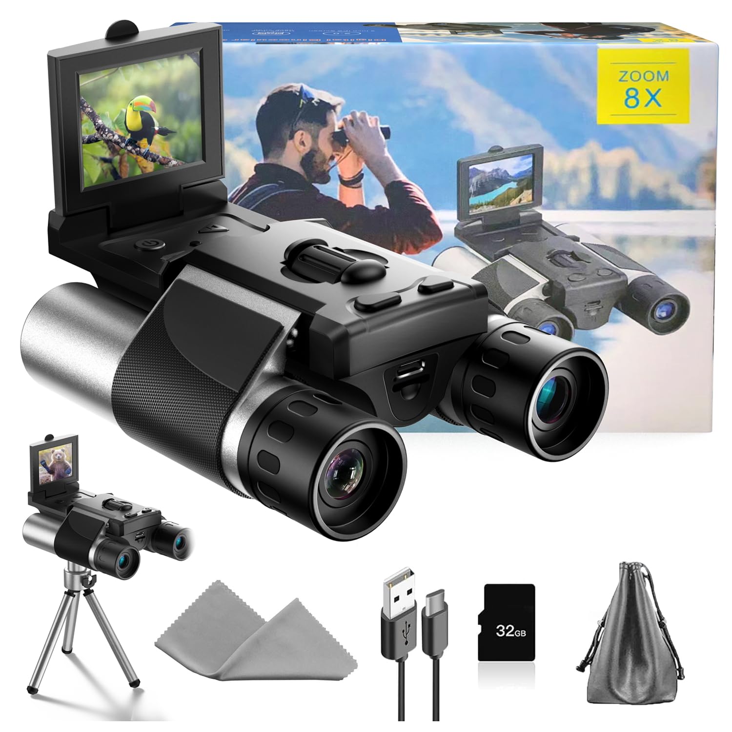 Anminto Digital Binoculars With Camera - 8X Digital Zoom, 2" Lcd Display 40Mp Camera 2.5K Videos Ideal For Concerts, Bird Watching, And Outdoor Adventures With 32Gb Sd Card