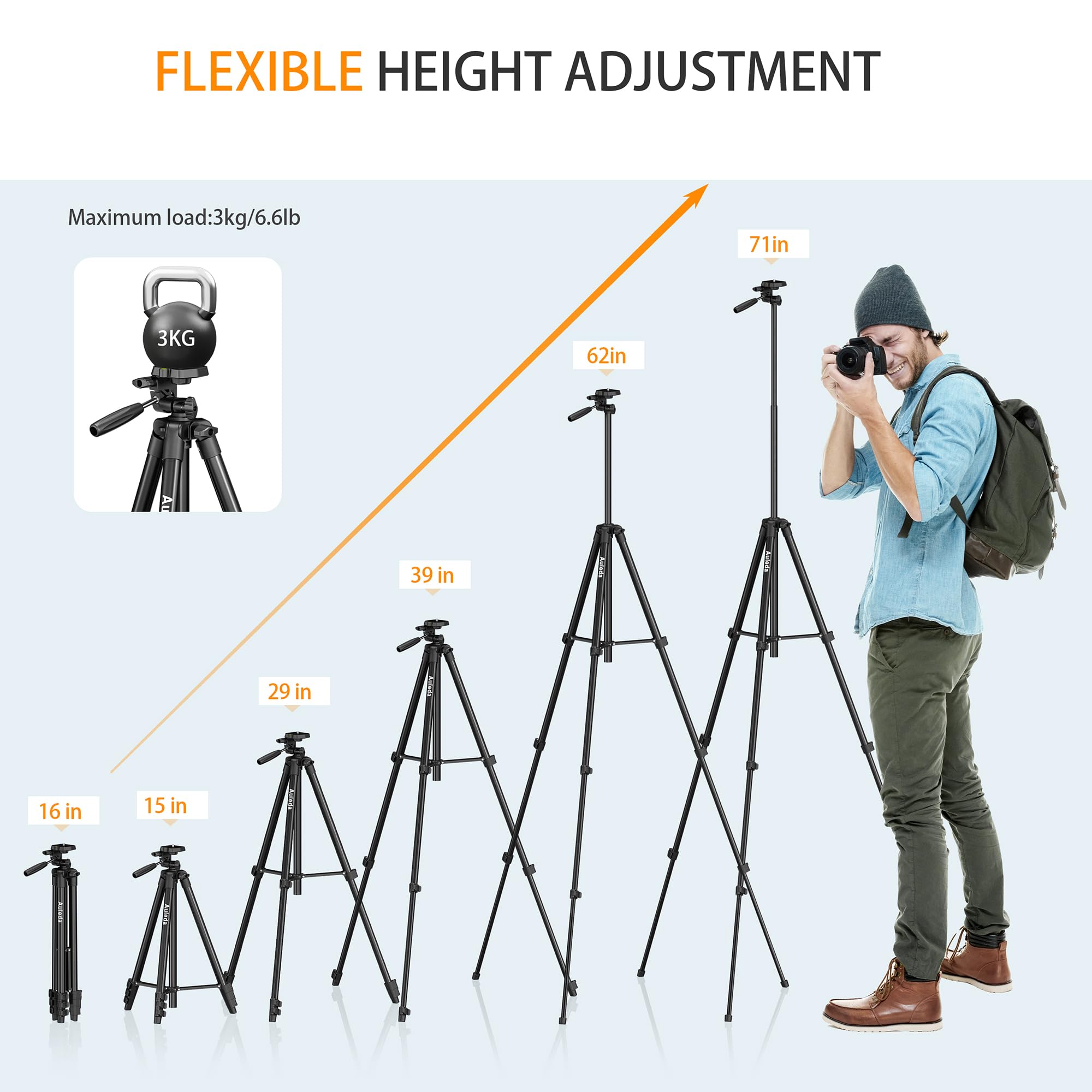 Auleda 71″ Camera Tripod Aluminum Tall Tripod Stand Compatible With Canon Nikon With Wireless Remote Phone Holder And Bag Max Load 6.6 Lb