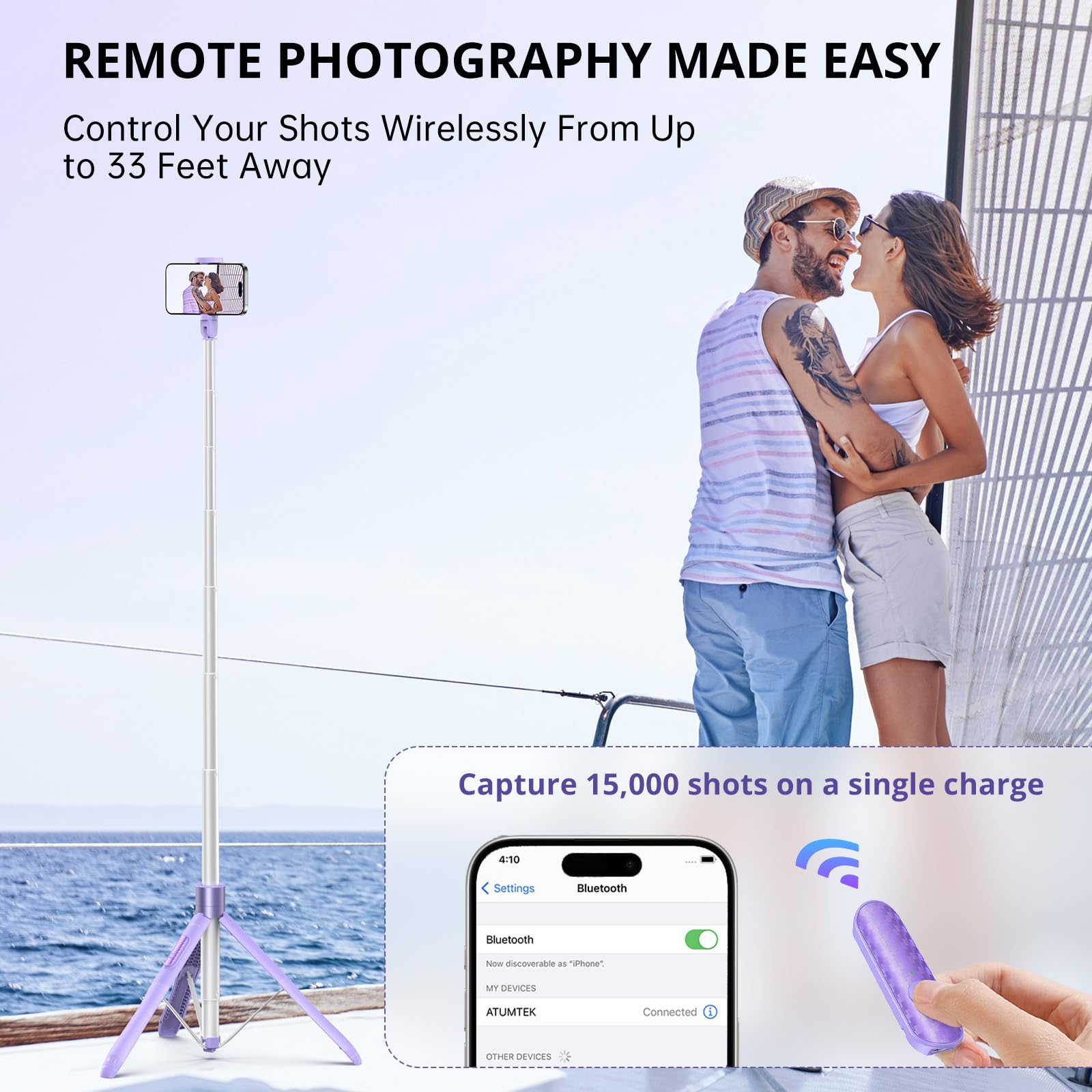 Atumtek 60" Selfie Stick Tripod, All-In-One Extendable Phone Tripod With Bluetooth Remote, Storage Bag Included, For Iphone And Android Phone Selfie, Video Recording, Vlogging, Live Streaming, Purple