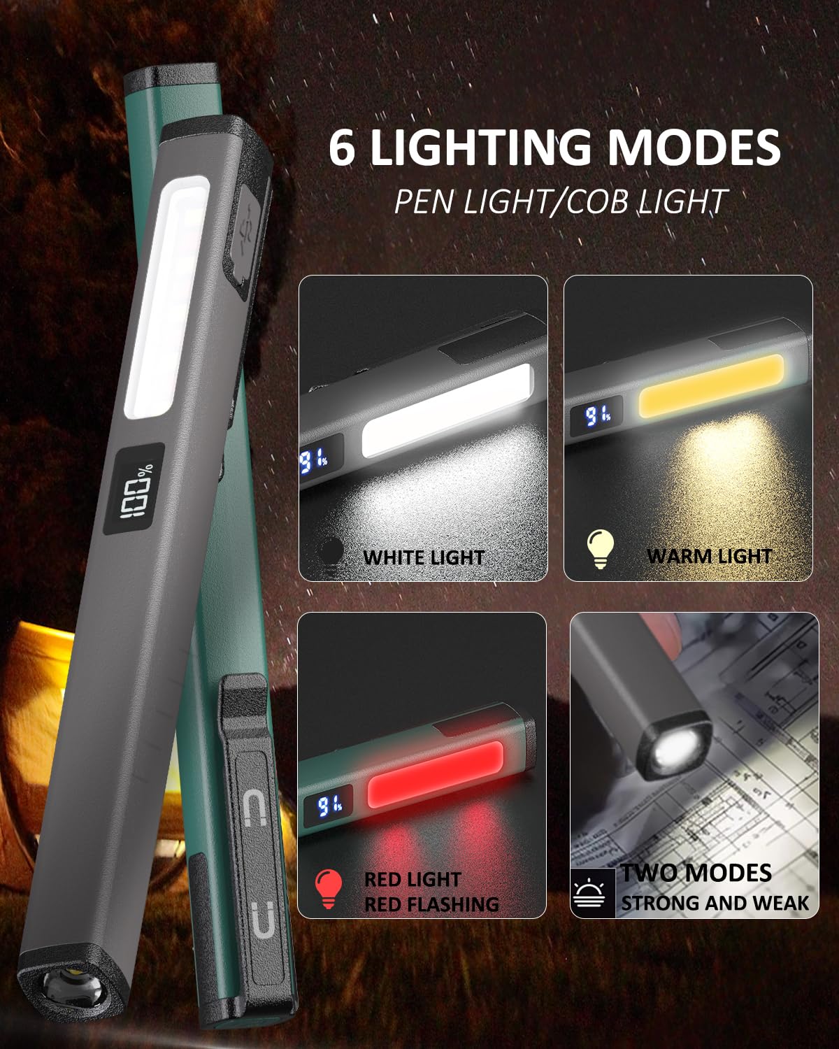 Cussity Rechargeable Pen Flashlights With Cob Lights, Led Pen Lights With 6 Light Modes, Pocket Flashlight With Clip With Led Power Display, Penlight For Camping/Inspection/Emergency,Green