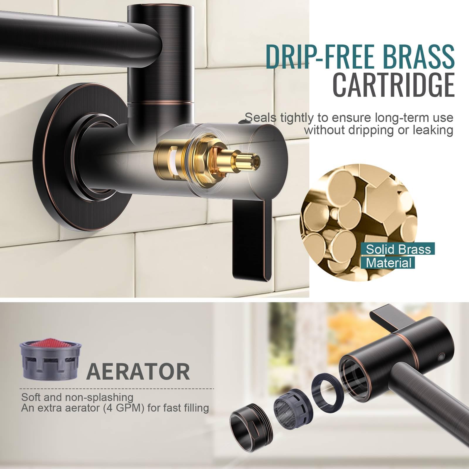 Arcora Pot Filler Faucet Oil Rubbed Bronze, Traditional Pot Filler Wall Mount 2 Handle With Double Joint Swing Arms Brass Stove Faucet