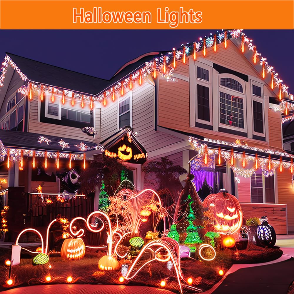 Kwaiffeo Hallween Lights Outdoor, 16 Tubes Solar Powered Meteor Shower Lights(Equivalent To 2 Sets Of 8-Tube) For Halloween Decor Outside, Orange Lights For Tree Xmas Fall Decorations Outdoor