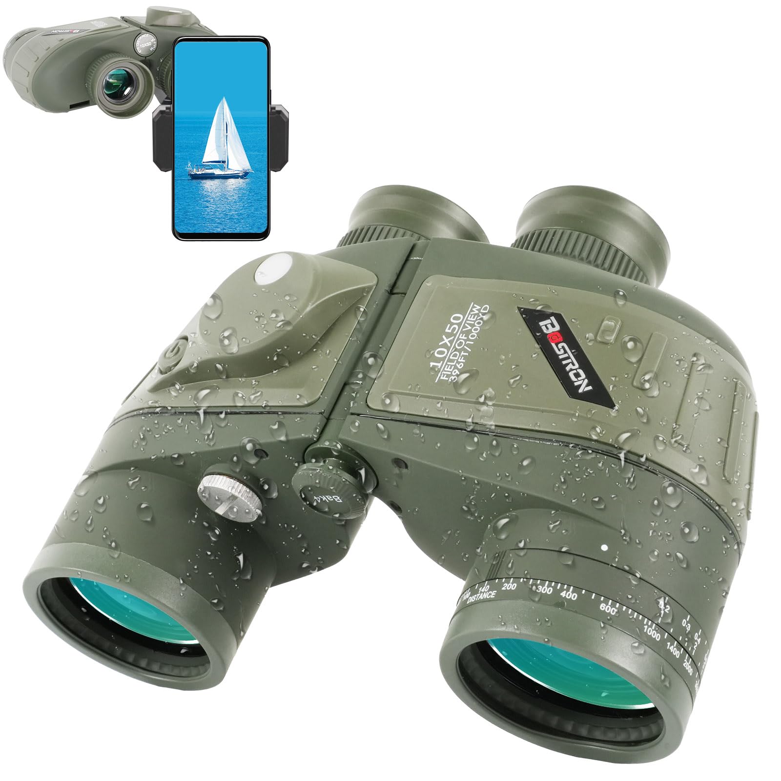 Bostron 10X50 Marine Binoculars With Compass Rangefinder,Phone Adapter,Strap,Bak4 Lens,Shockproof Military Ipx7 Floating Waterproof Binoculars For Adults Sailing Boating Hunting Birdwatching