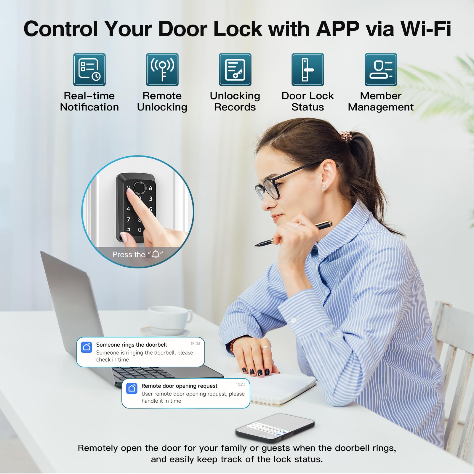 Calzibeno Keyless Entry Door Lock With Doorbell, Fingerprint Smart Locks For Front Door, Electronic Keypad Deadbolt With Built-In Wi-Fi App Control, Auto Lock-Control, 915Mhz Connection, Matte Black