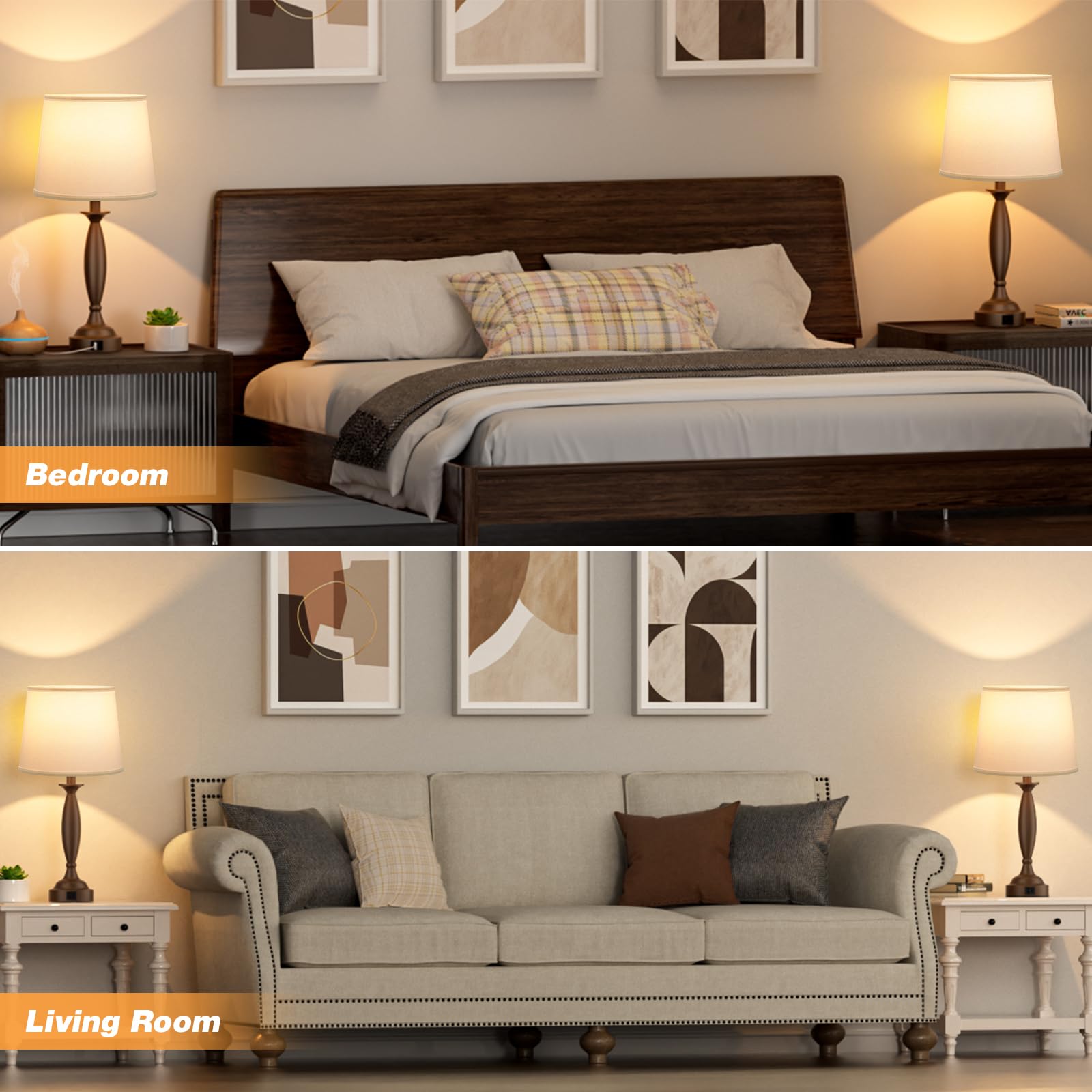 Seealle White Brown Lamps For Bedrooms Set Of 2 - Touch Control Bedside Lamp With Usb C+A, 3 Way Dimmable Nightstand Lamps With Usb Port, Table Lamp For Living Room(White Shade And Brown Base)