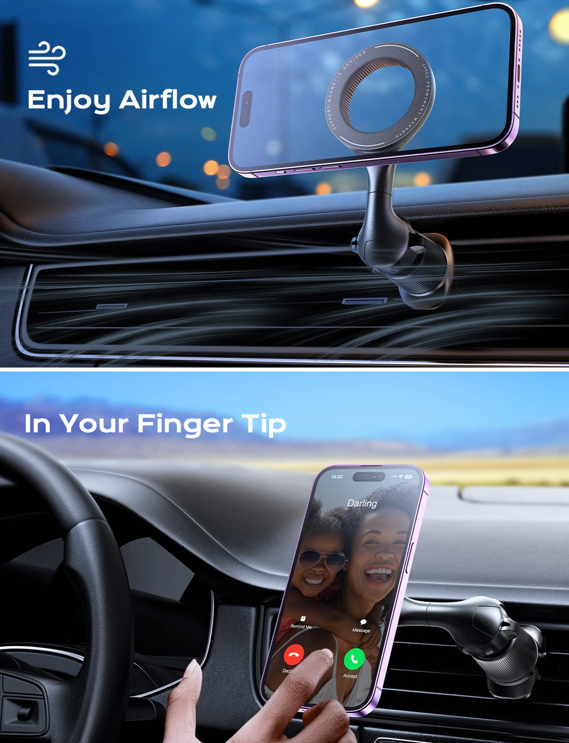 Tazeni Magnetic Car Mount For Iphone 14 Pro Max - 10X Stronger Magnet, 1080 Adjustable & Flexible, Never Block Your Vent, Exclusive Dual-Triangle Hook, Easy Use In 0.01S