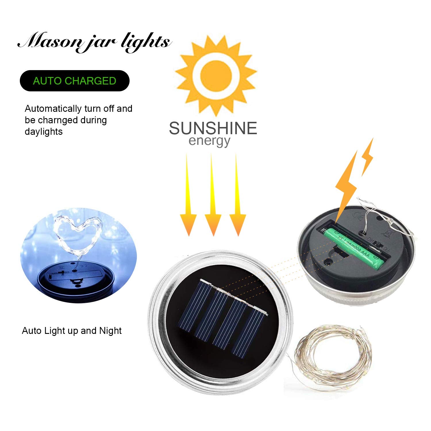 Vookry 6 Pack Solar Mason Jar Lights, 30 Led Mason Jar Lids Waterproof Firefly Fairy String Lights With 6 Hangers(No Jars), For Outdoor Patio Garden Yard Lawn Party Wedding Decoration - Cool White