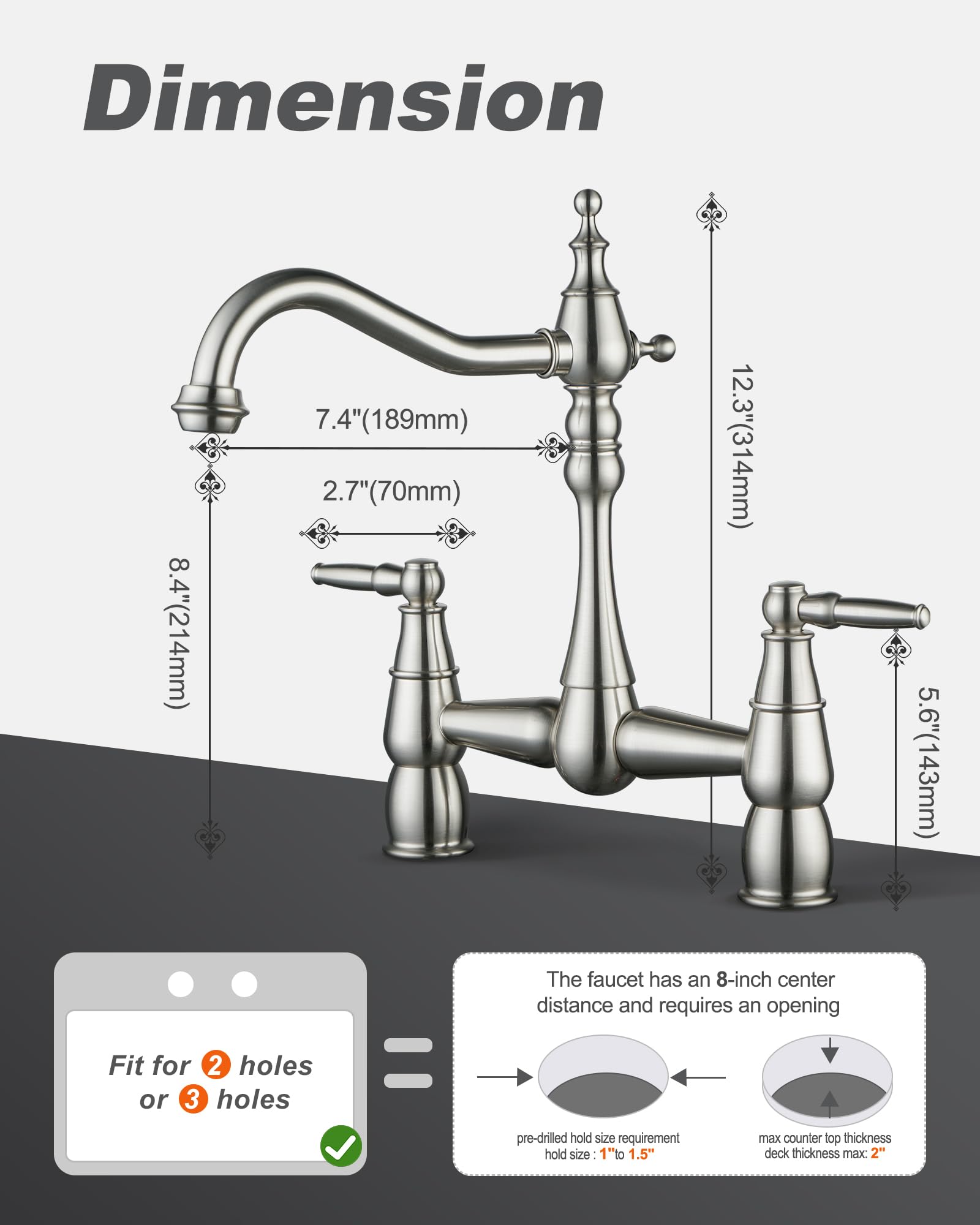 Aleasha Bridge Centerset Kitchen Faucet For Sink, Deck Mount Brass Vintage Farmhouse Kitchen Faucet, 2 Handle 2 Hole 360 Degree Swivel Copper Faucet, Brushed Nickel