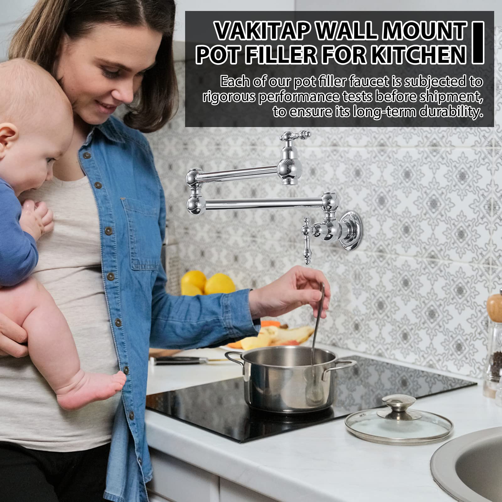 Vakitap Brass Pot Filler Faucet, Wall-Mount Pot Filler With Double Joint Swing Arm, Modern Chrome Over Stove, 3005-Ch
