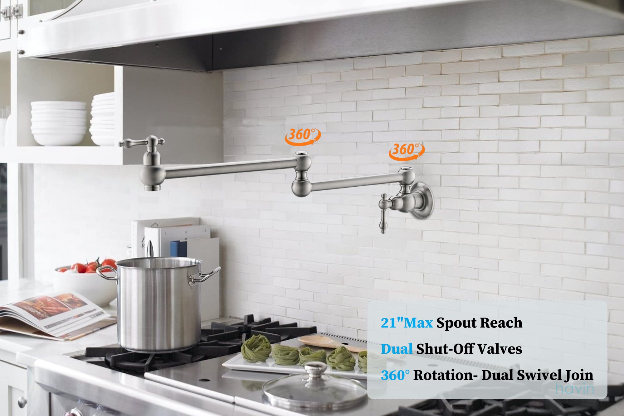 Havin Brass Pot Filler,Wall Mount Commercial,Copper Material Kitchen Folding Faucet,Coffee Machine Faucet With Stretchable Double Joint Swing Arms,Brushed Nickel