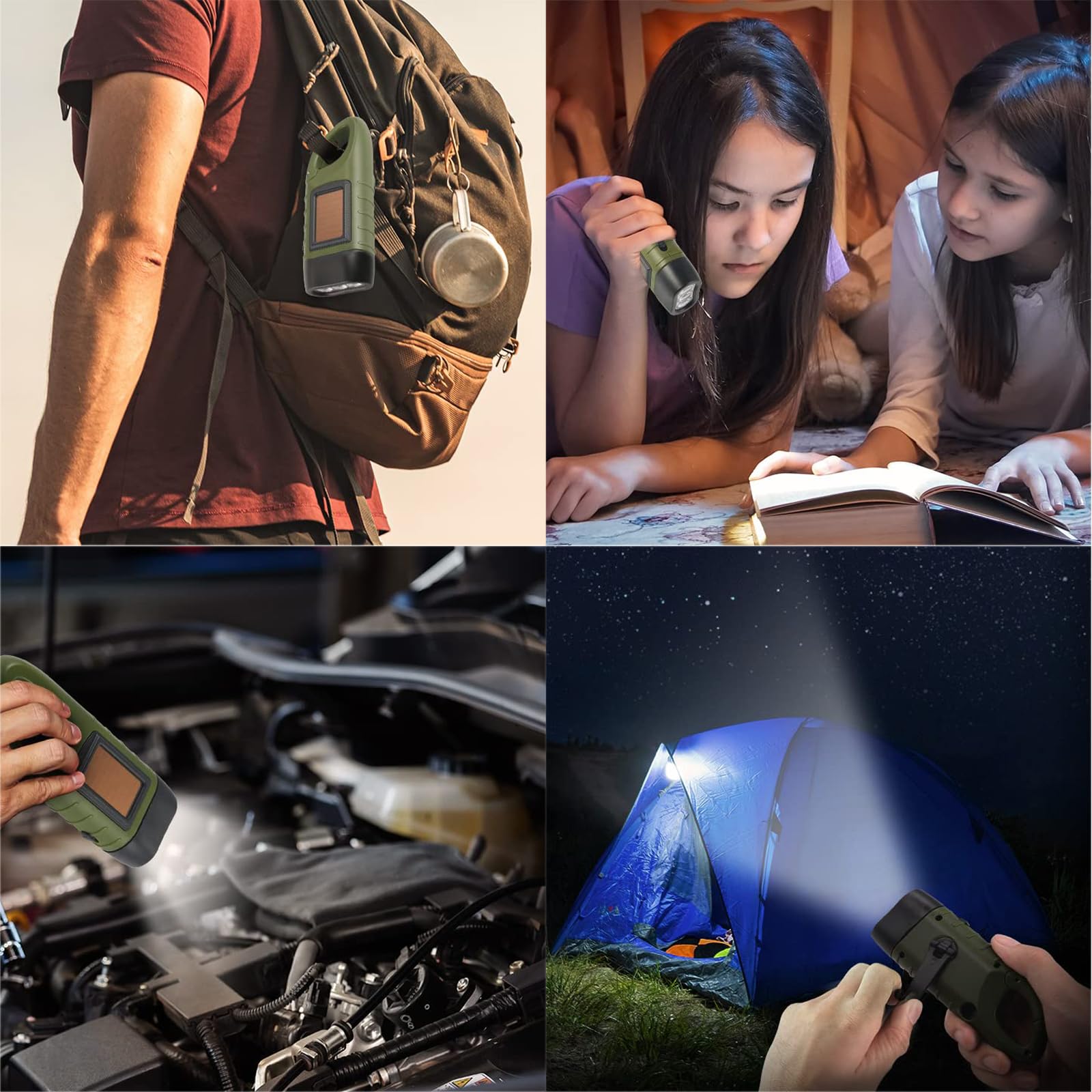 Eknbke Hand Crank Solar Flashlight, Portable Led Survival Flashlight For Camping, Outdoor, Hiking - No Battery Required - Green