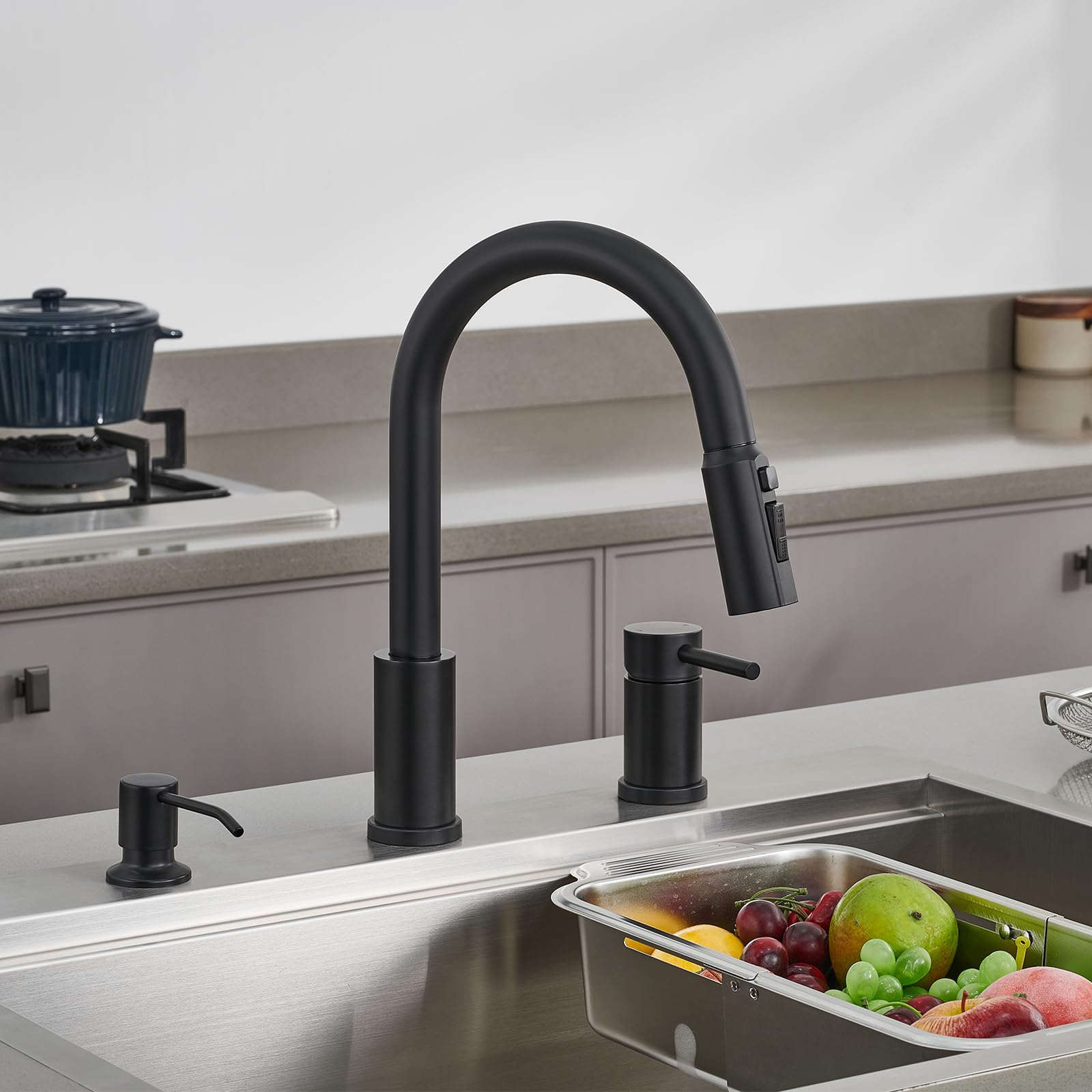 Tohlar Kitchen Faucets With Soap Dispenser Solid Stainless Steel Kitchen Faucet With Pull Out Sprayer 3 Modes Matte Black Modern Kitchen Sink Faucets High Arc Single Handle Faucet