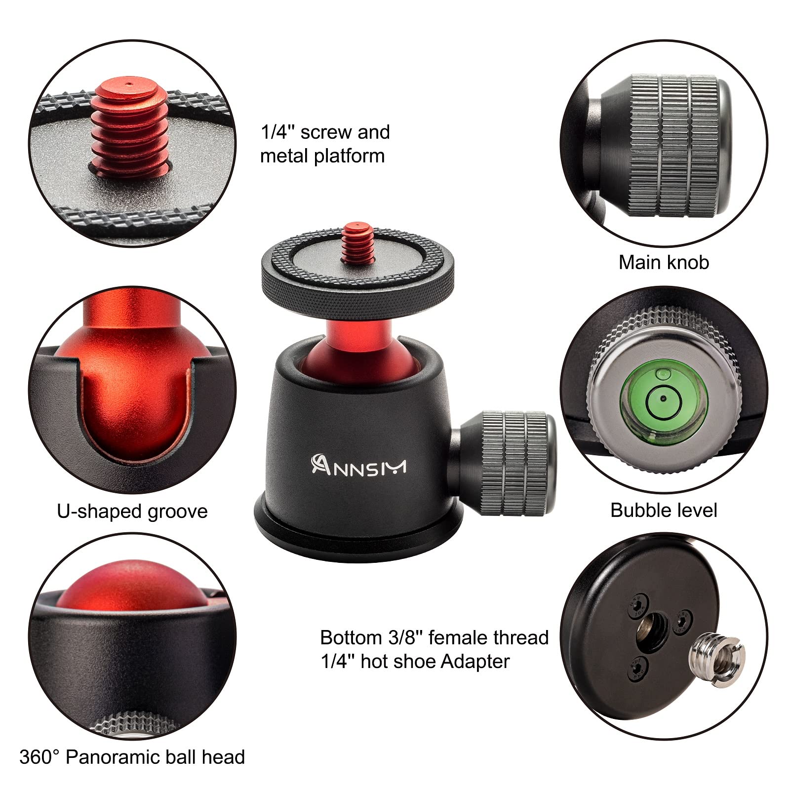 Annsm Tripod Ball Head 360° Panoramic And 135° Tilt Rotatable With 1/4” Screw Thread And Volume Locking Knob For Dslr Cameras/Tripods/Monopods/Camera Slider Track/Camera Dolly Slider